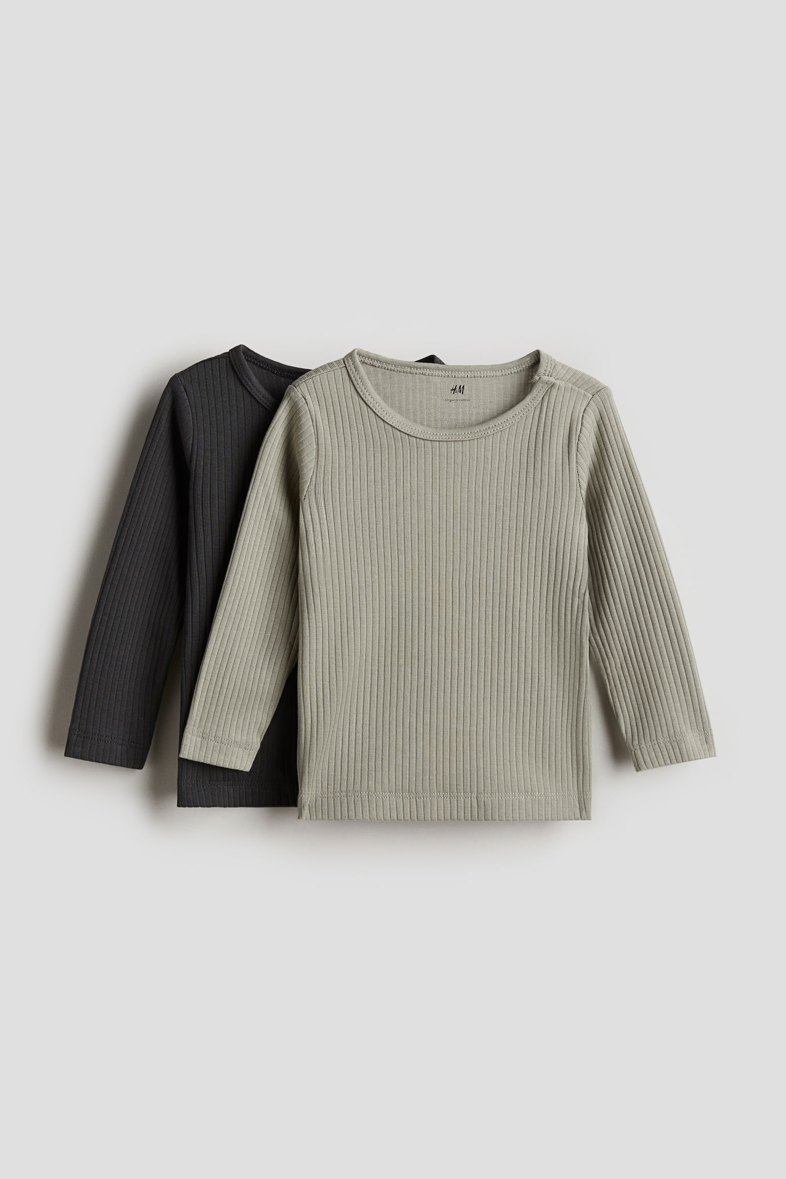 Детские рубашки H&M 2-pack Ribbed Jersey Shirts, цвет: Хаки зелёный / Серый — фото 1