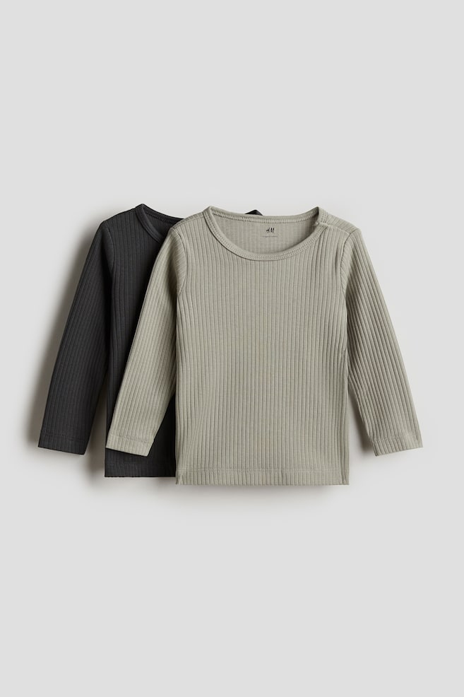 2-pack Ribbed Jersey Shirts - Khaki green/dark gray/Light pink/light beige - 1