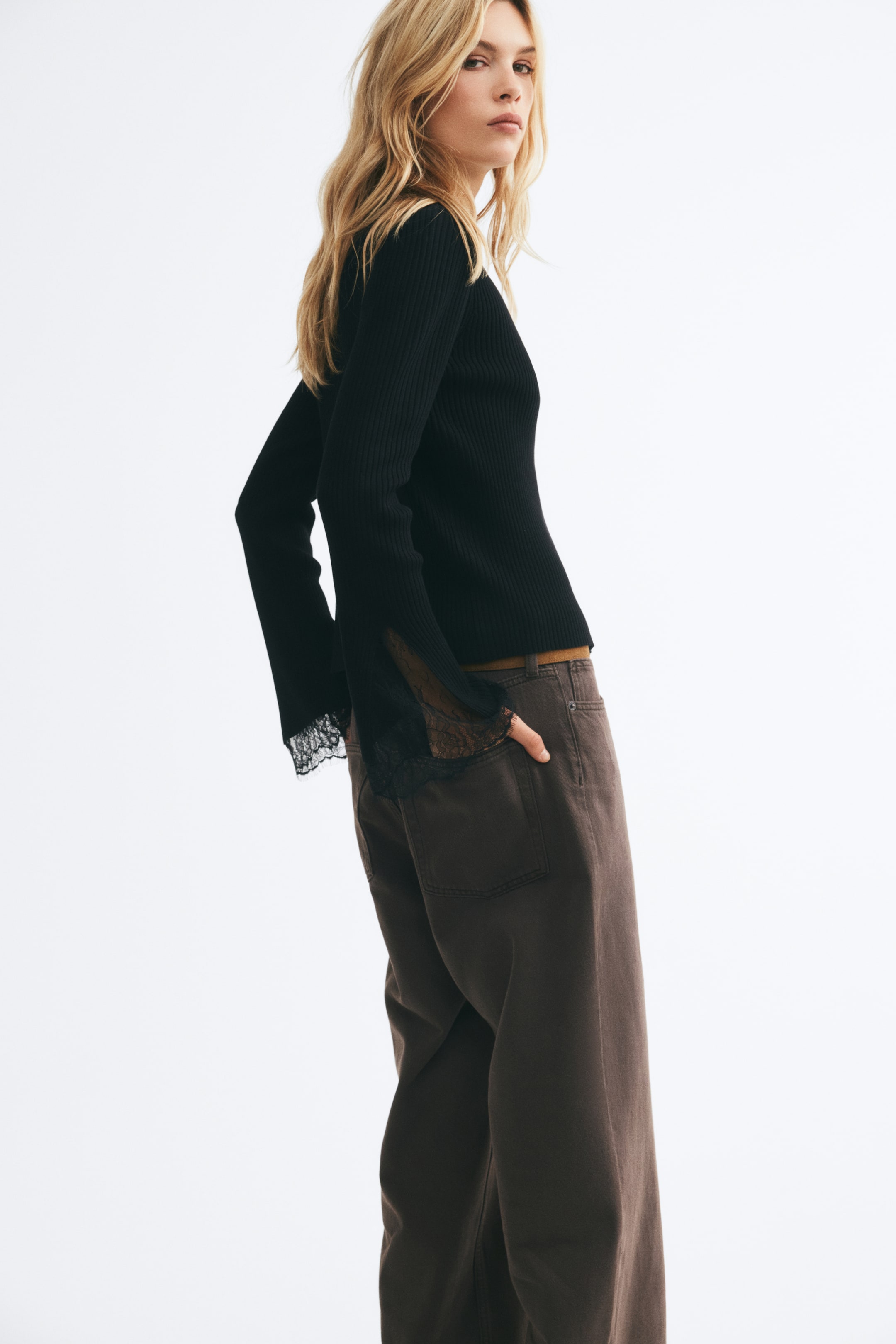 Lace-Trimmed Rib-Knit Cardigan