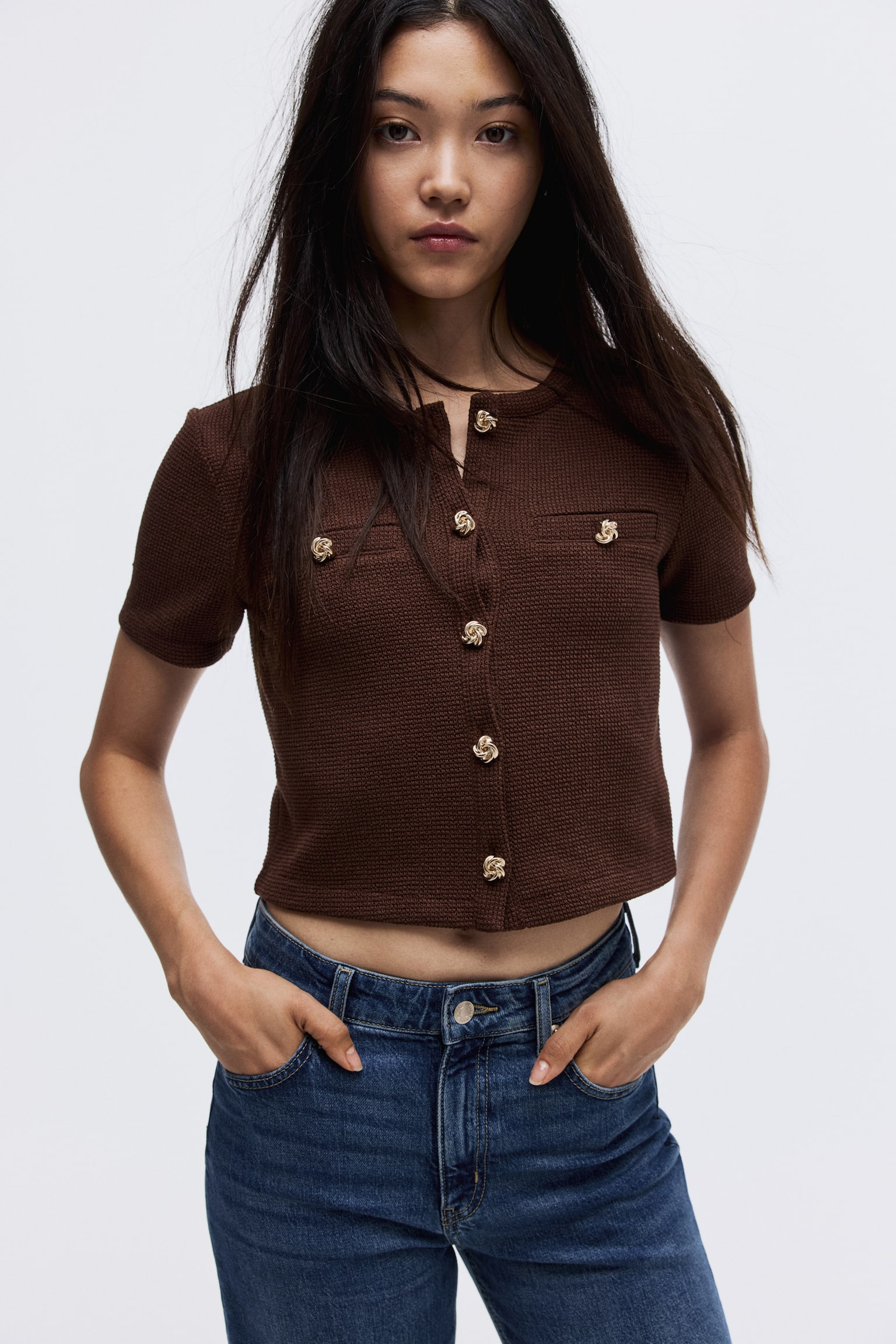 Áo cardigan bằng jersey vân nổi - Màu nâu đậm - 3