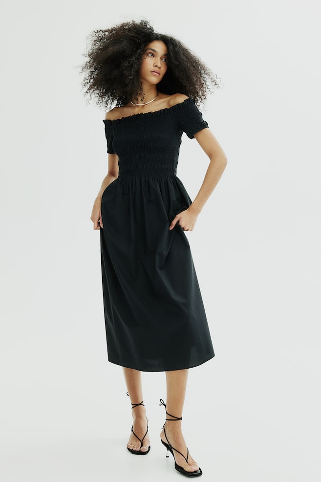 Smocked off-the-shoulder dress - Black/Black/Patterned - 6