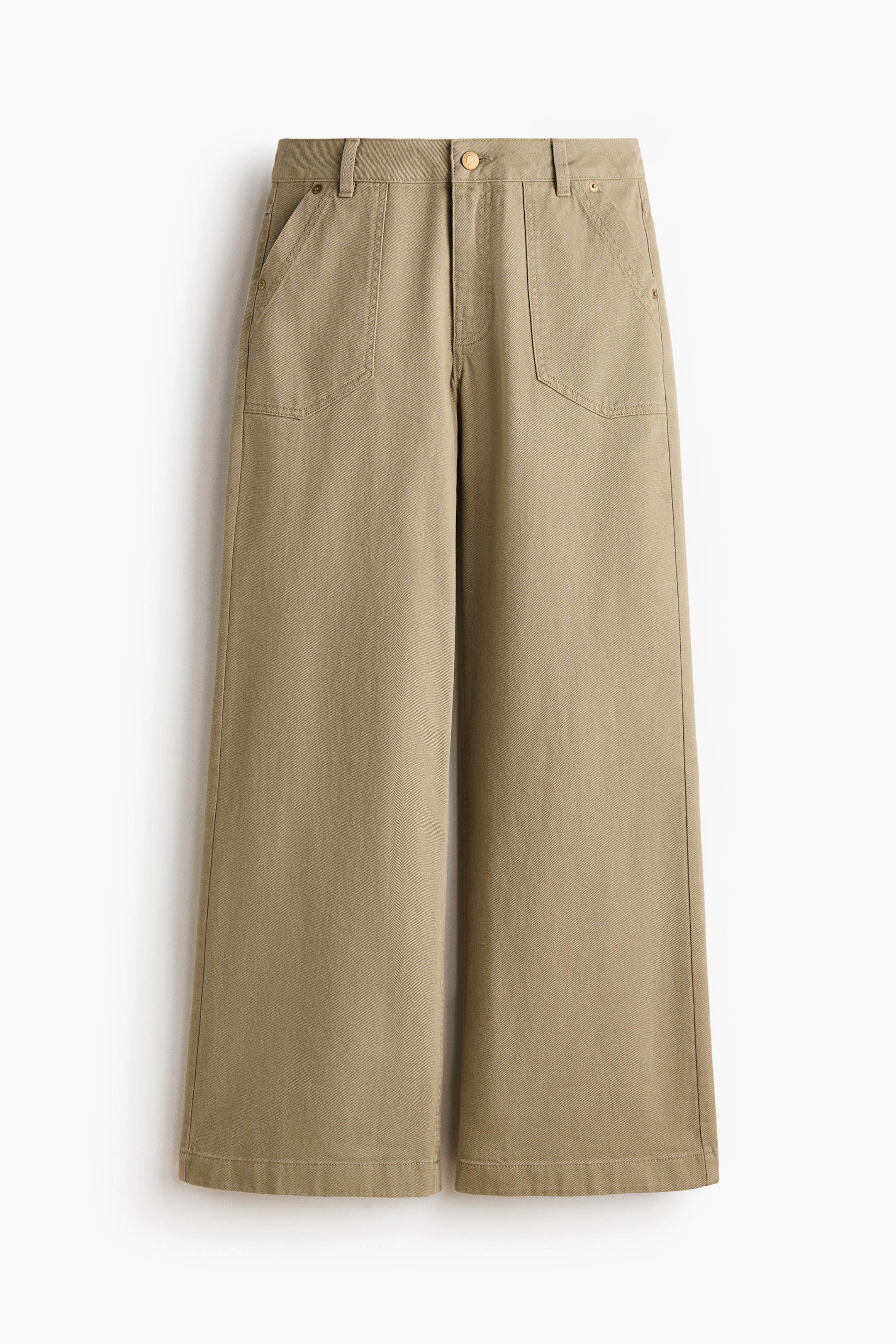 View larger image: "Khaki trousers crafted from cotton twill are displayed in a frontal view. They showcase a high waist design with a zip fly and a single button closure, complemented by large patch side pockets and wide-leg styling."