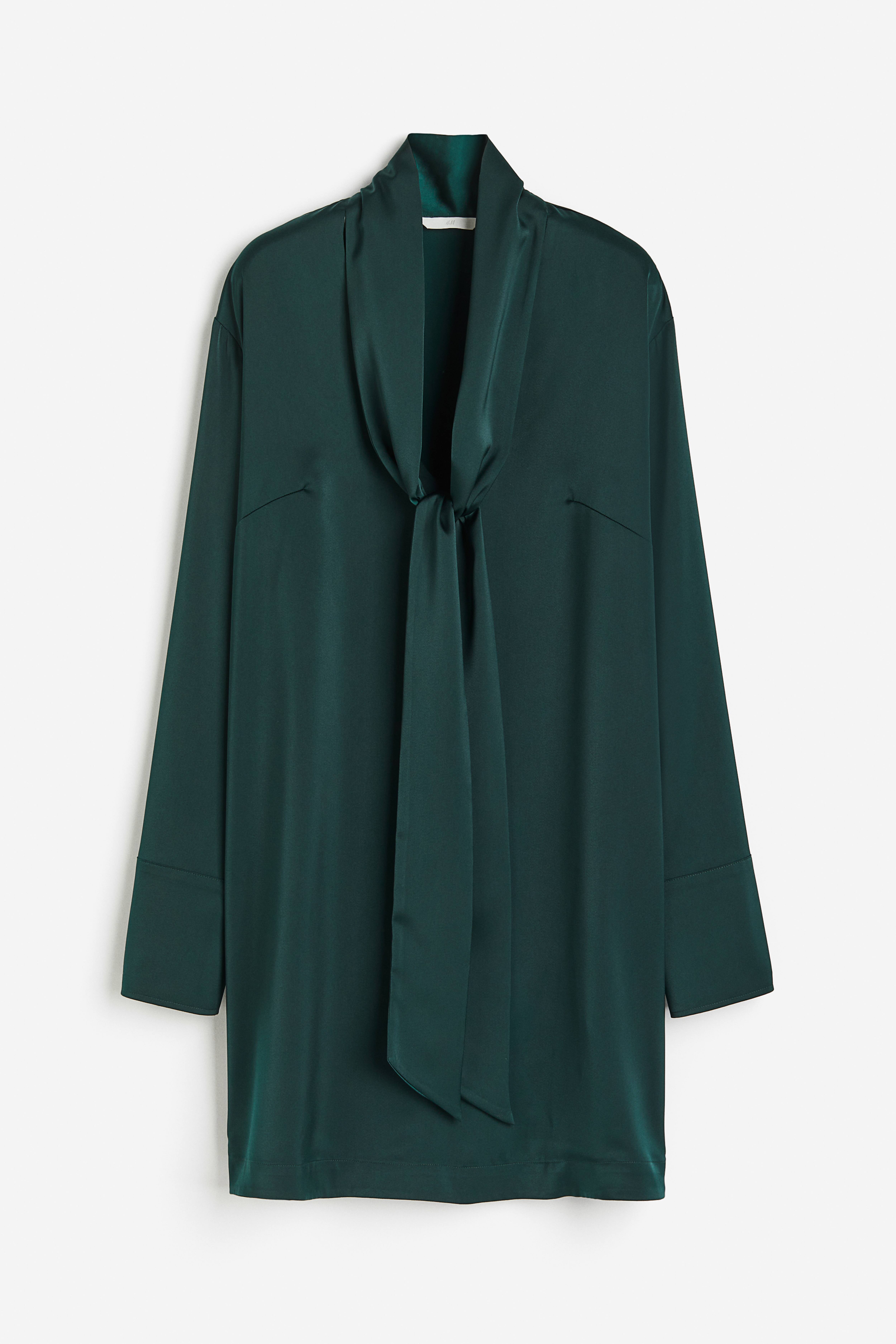 Tie-detail Satin Dress - V-neck - Long sleeve - Dark green - Ladies | H&M US