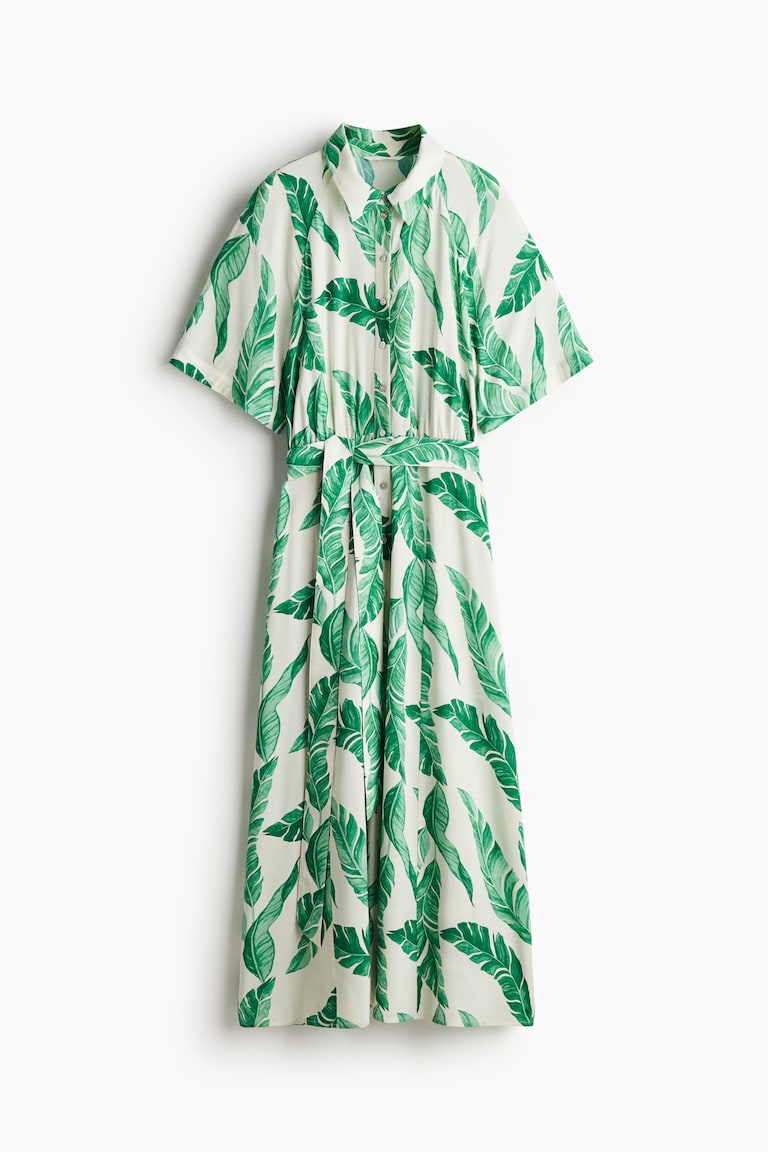 Ladies - White/Green Patterned Tie-belt Shirt Dress - Size: S - H&M