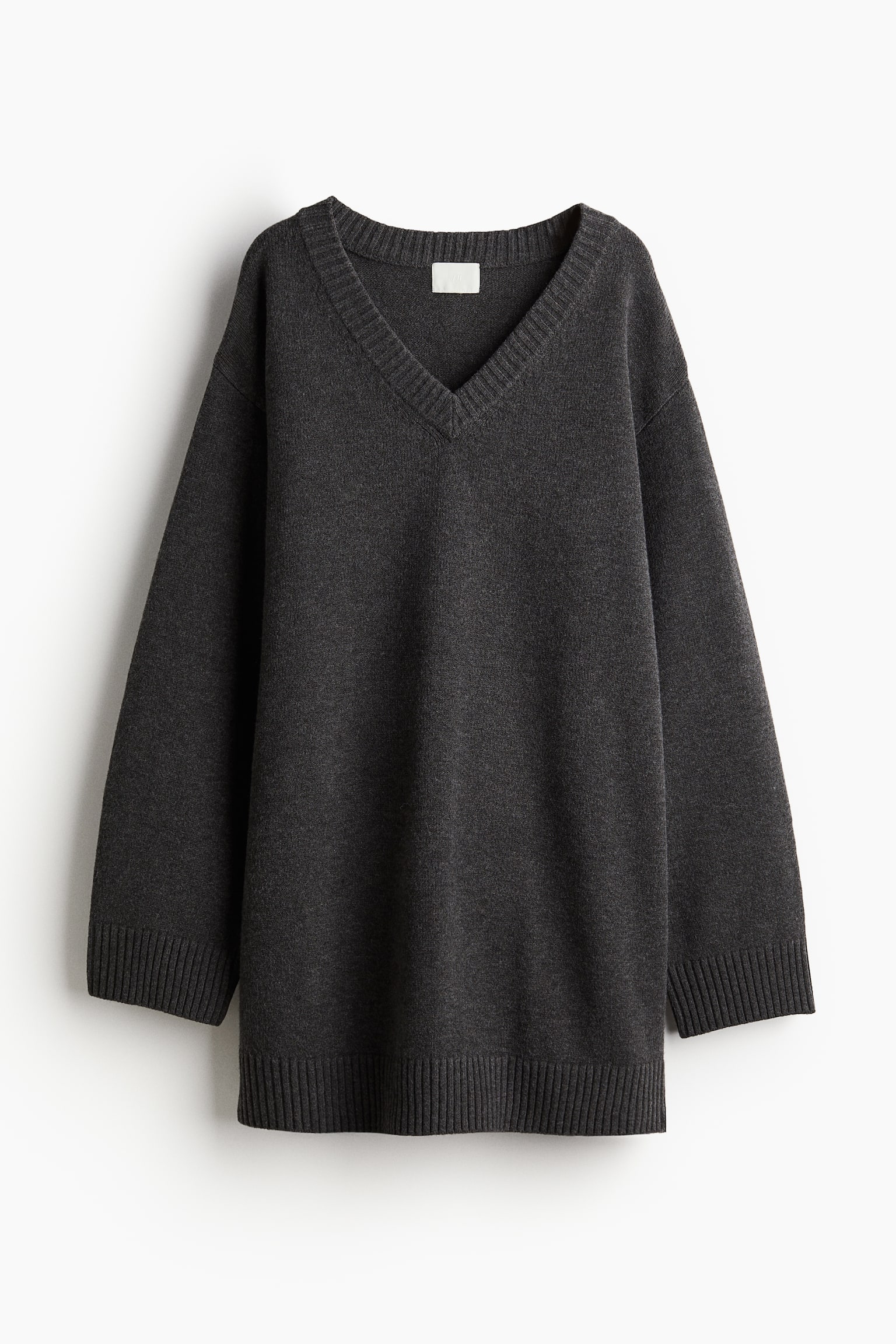 Knitted V-neck dress - Dark grey/White - 2