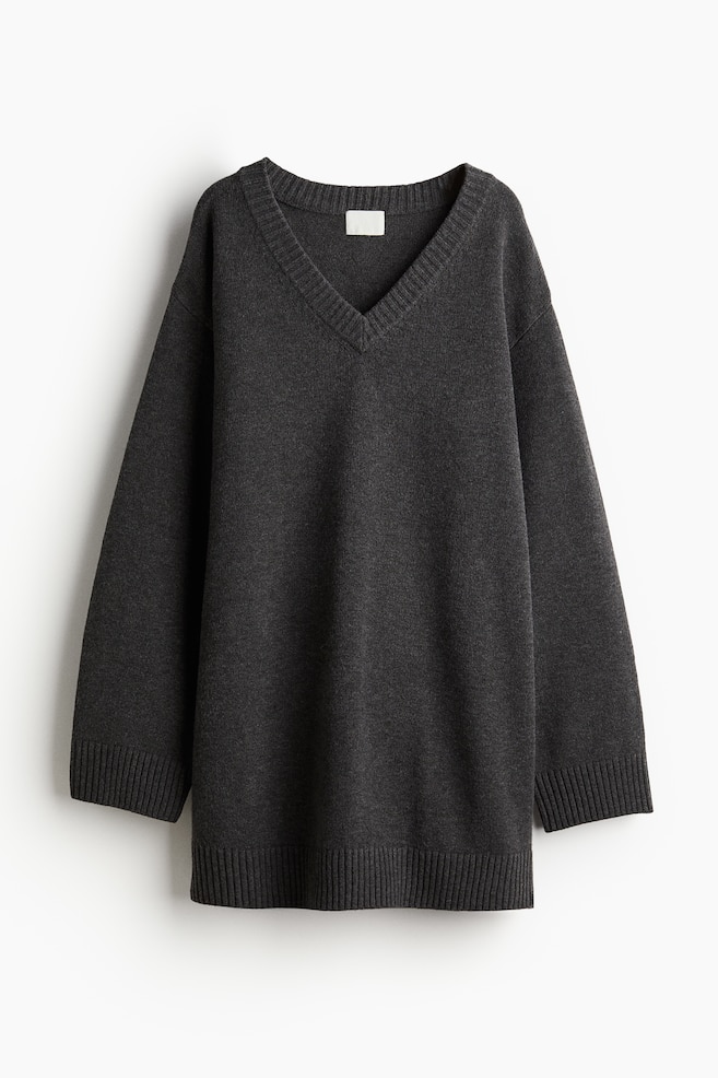 Knitted V-neck dress - Dark grey/White - 1