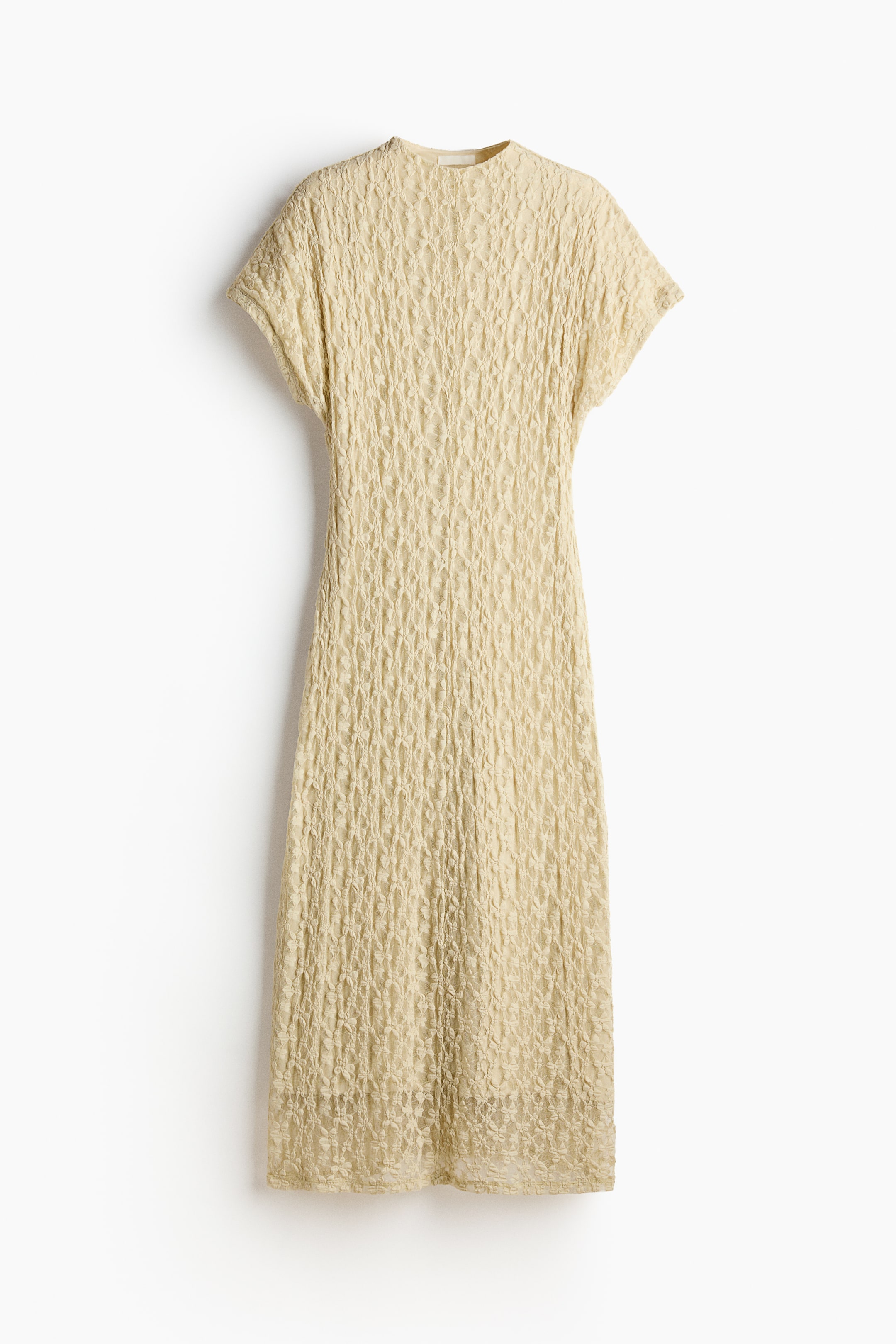 View larger image: A pale yellow midi dress showcasing a textured fabric with a dense, crinkled floral pattern, short cap sleeves, and a high round neckline.