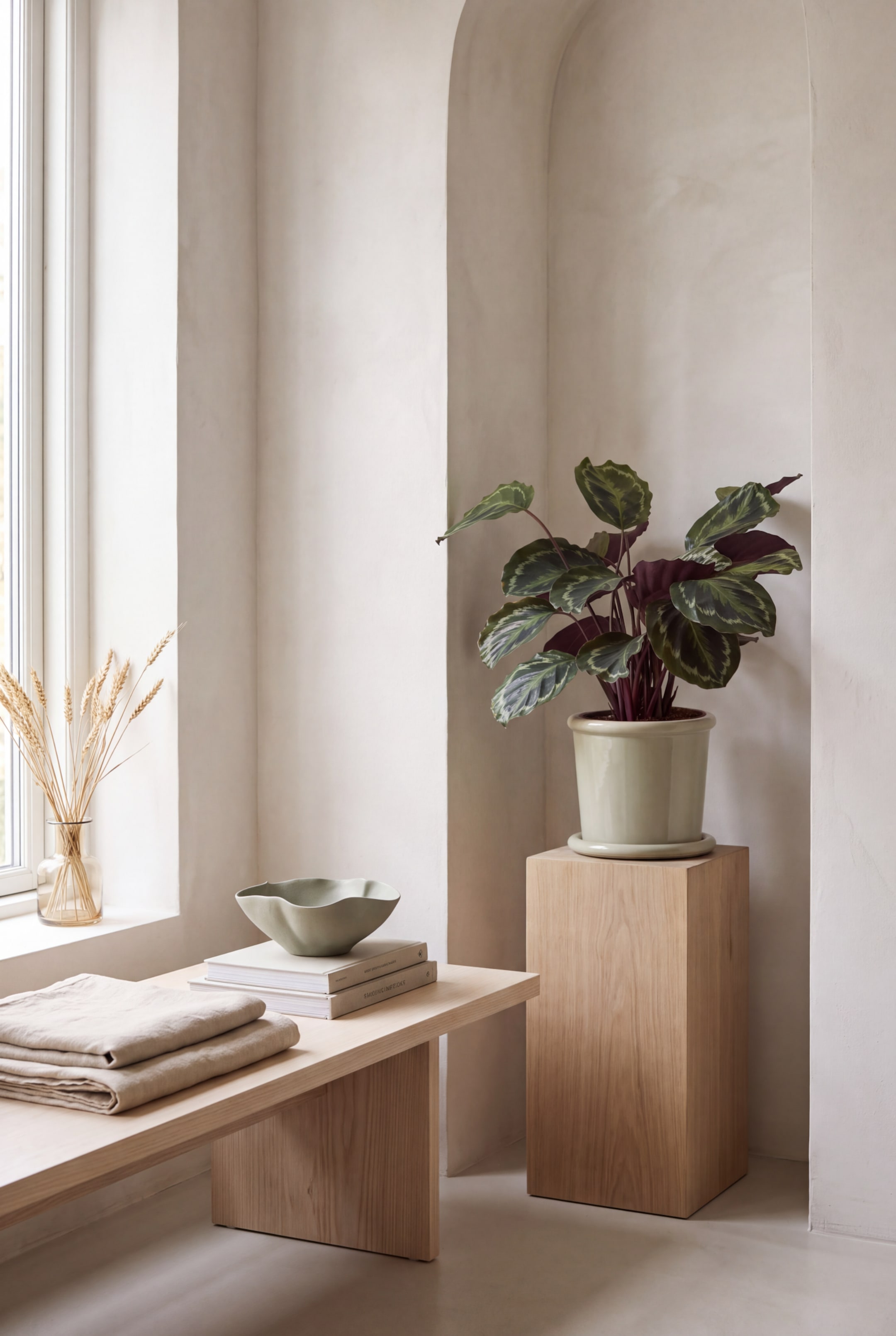 Visualizza immagine più grande: Un vaso da fiori in ceramica smaltata di colore verde salvia chiaro, con piattino coordinato, ospita una vivace pianta di calathea con foglie verdi e viola scuro dalla caratteristica texture. Il vaso cilindrico lucido, leggermente rastremato, è appoggiato in posizione eretta su un alto piedistallo in legno rettangolare.