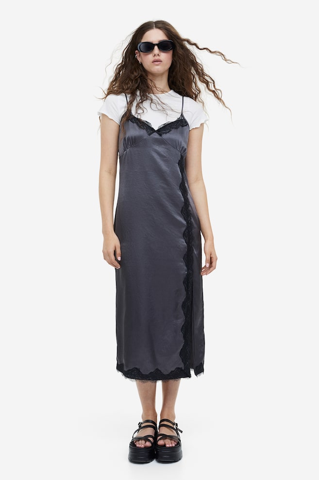 Lace-trimmed satin slip dress - Dark grey - 1