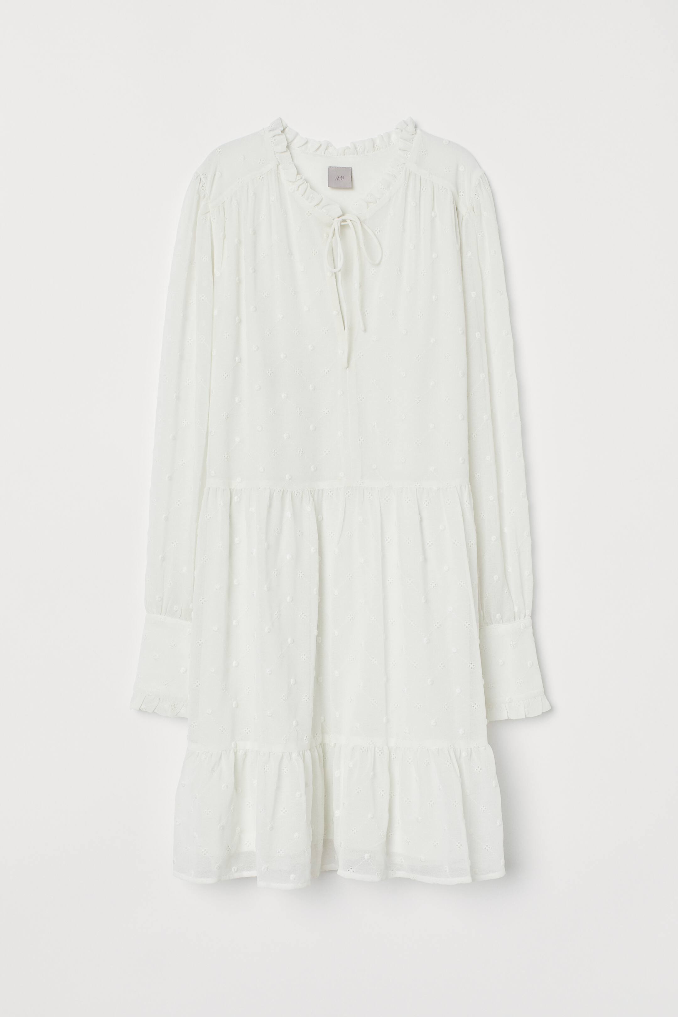 Embroidered dress - V-neck - Long sleeve - White - Ladies | H&M GB