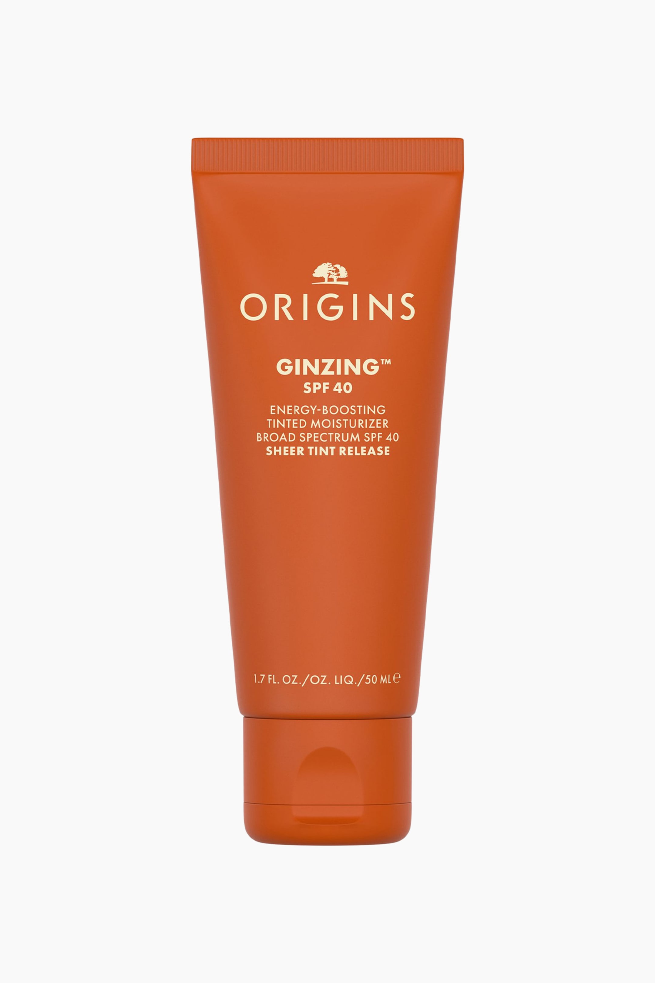Vis større bilde: En oransje klem-tube med Origins GinZing SPF 40 Energy-Boosting Tinted Moisturizer står oppreist og vender rett mot fronten. Den matte oransje emballasjen viser hvit trykt tekst med merkevarenavnet og produktdetaljene, og hviler på en matchende oransje flip-top-kork nederst.