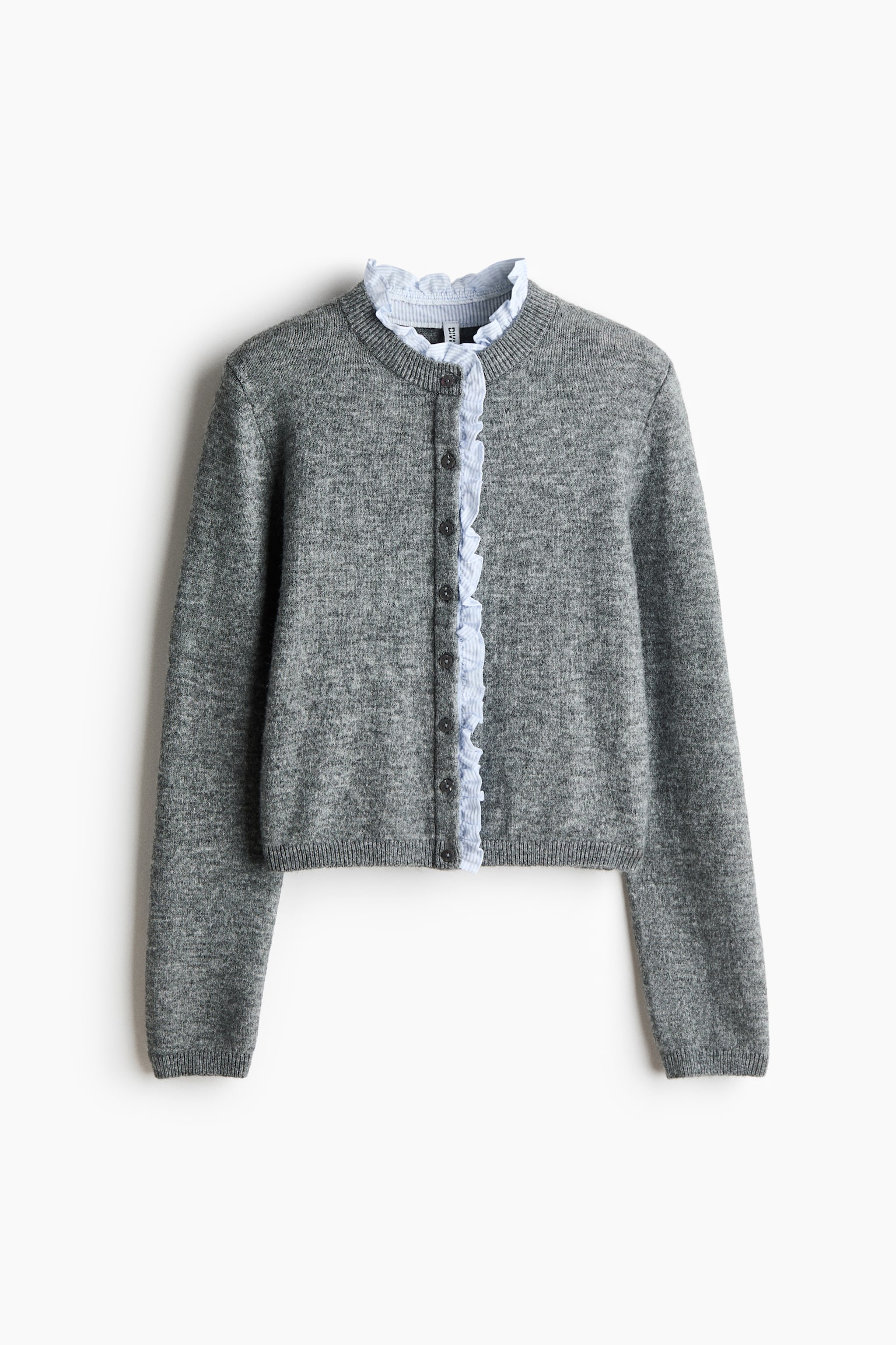 Frill-trimmed fine-knit cardigan - Grey marl - 2