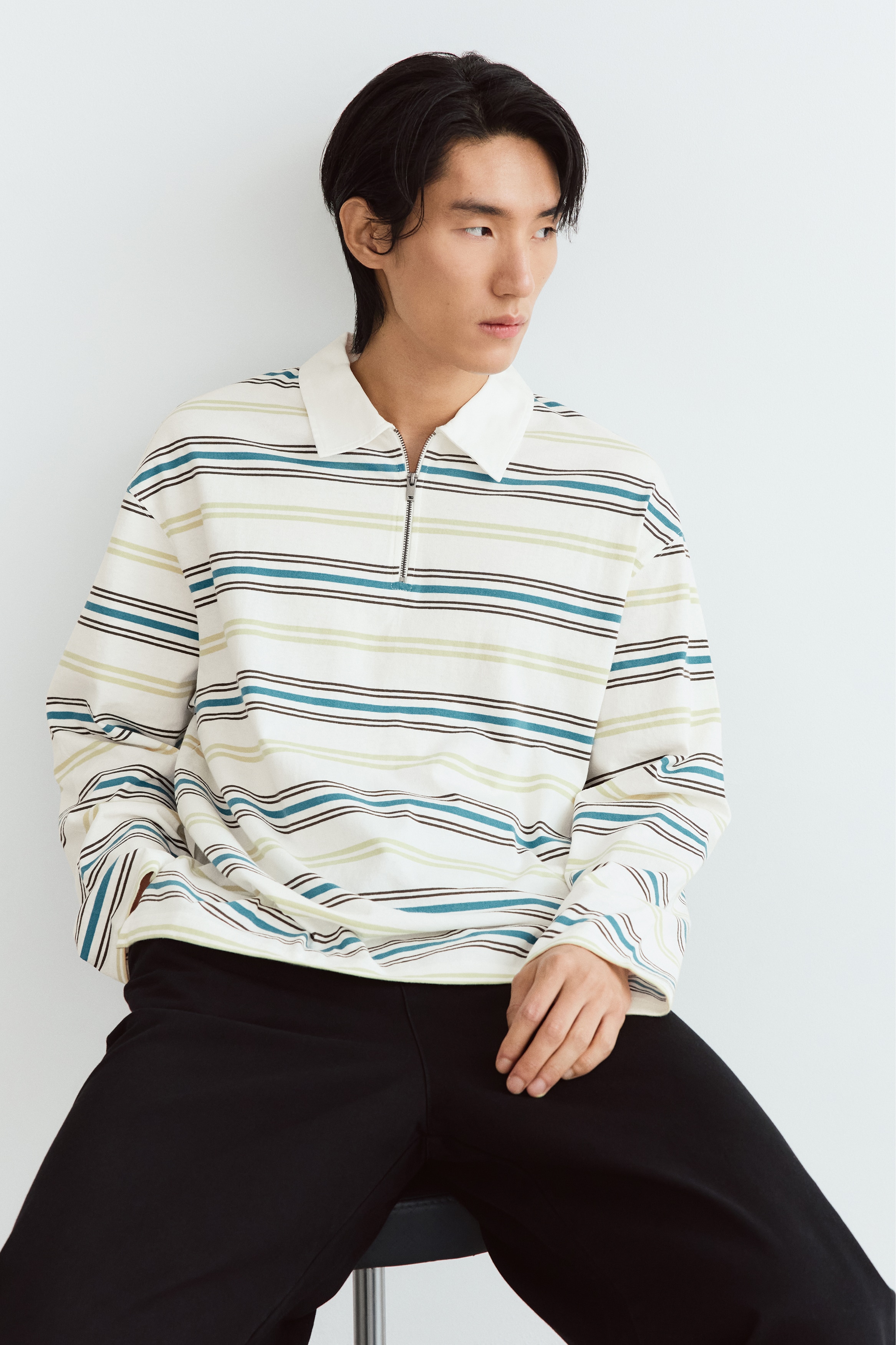 Loose-Fit Rugby Shirt - Cream/striped/Black/striped