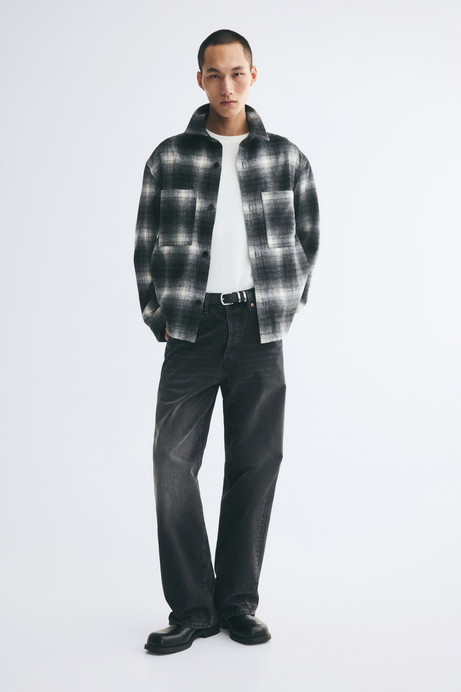 Мужская рубашка H&M Twill Overshirt, цвет: Чёрный / Клетчатый — фото 3