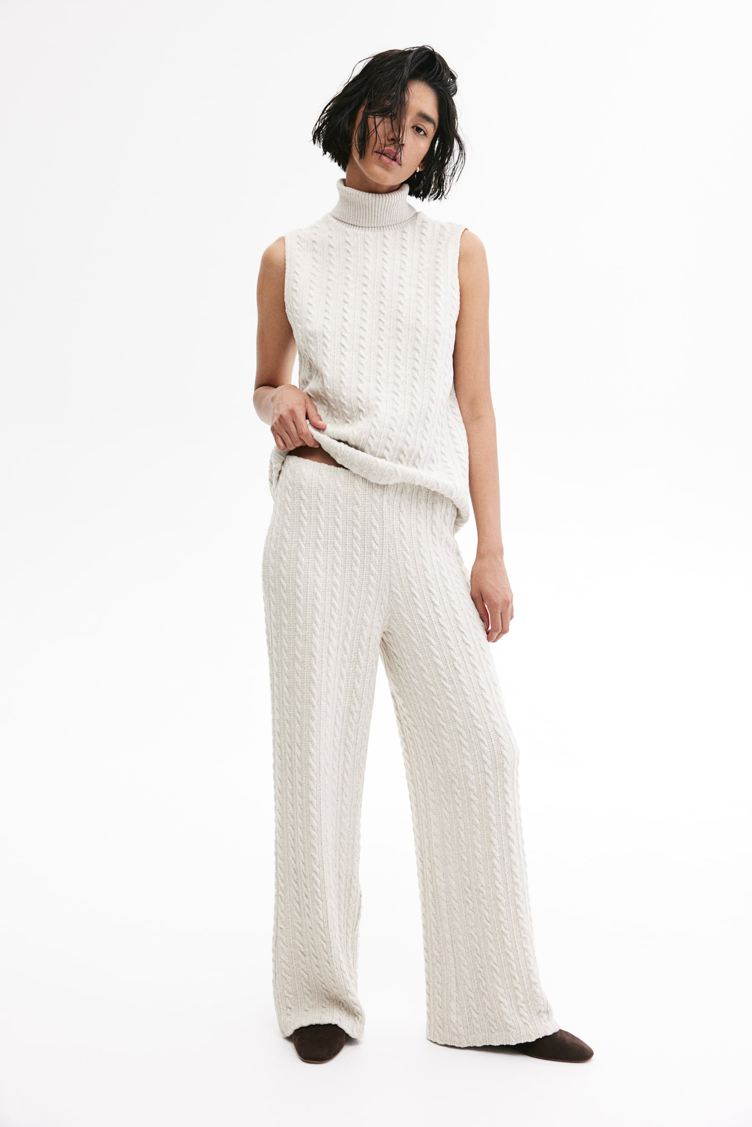 Cable-knit trousers - White/Light beige marl - 1