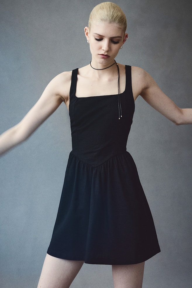 Linen-blend flared-skirt dress - Black/Cream/Floral - 5
