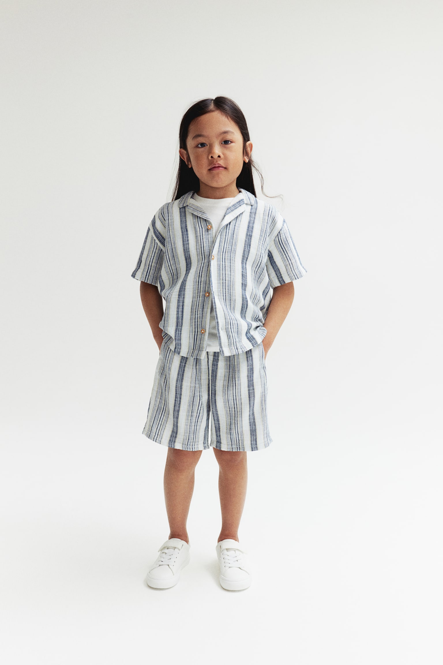 Shirt & Shorts Set - White/Blue stripe/Light beige - 1