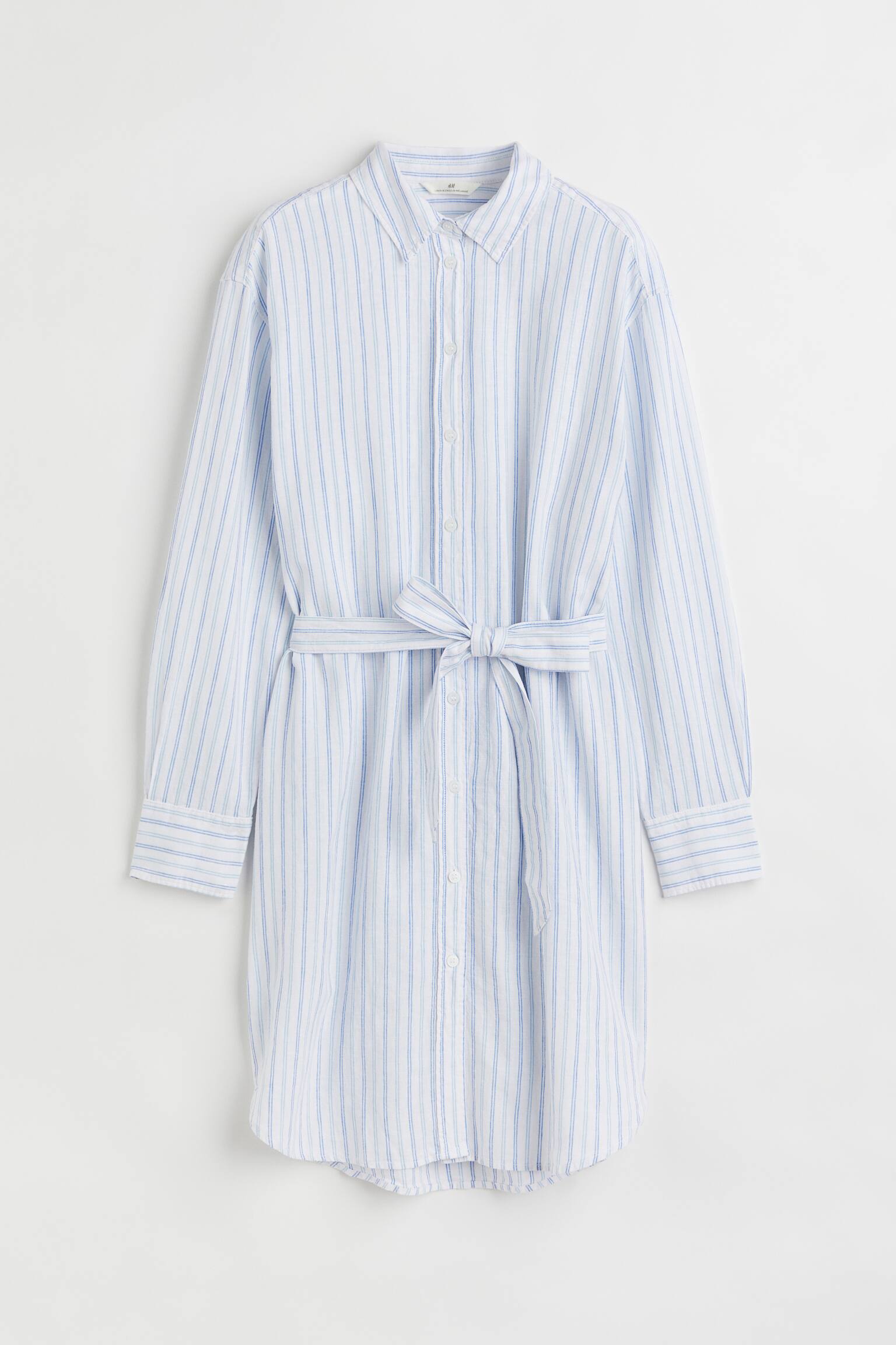 Linen-blend shirt dress - Vit/Blårandig