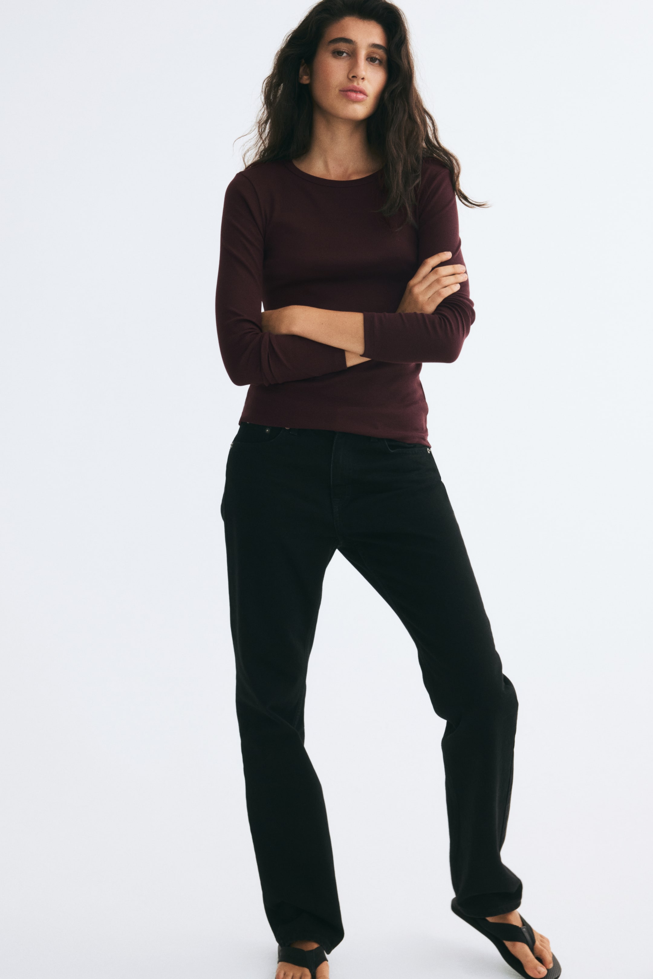 View larger image: Ribbed cotton top - Burgundy - Ladies | H&M SG 1