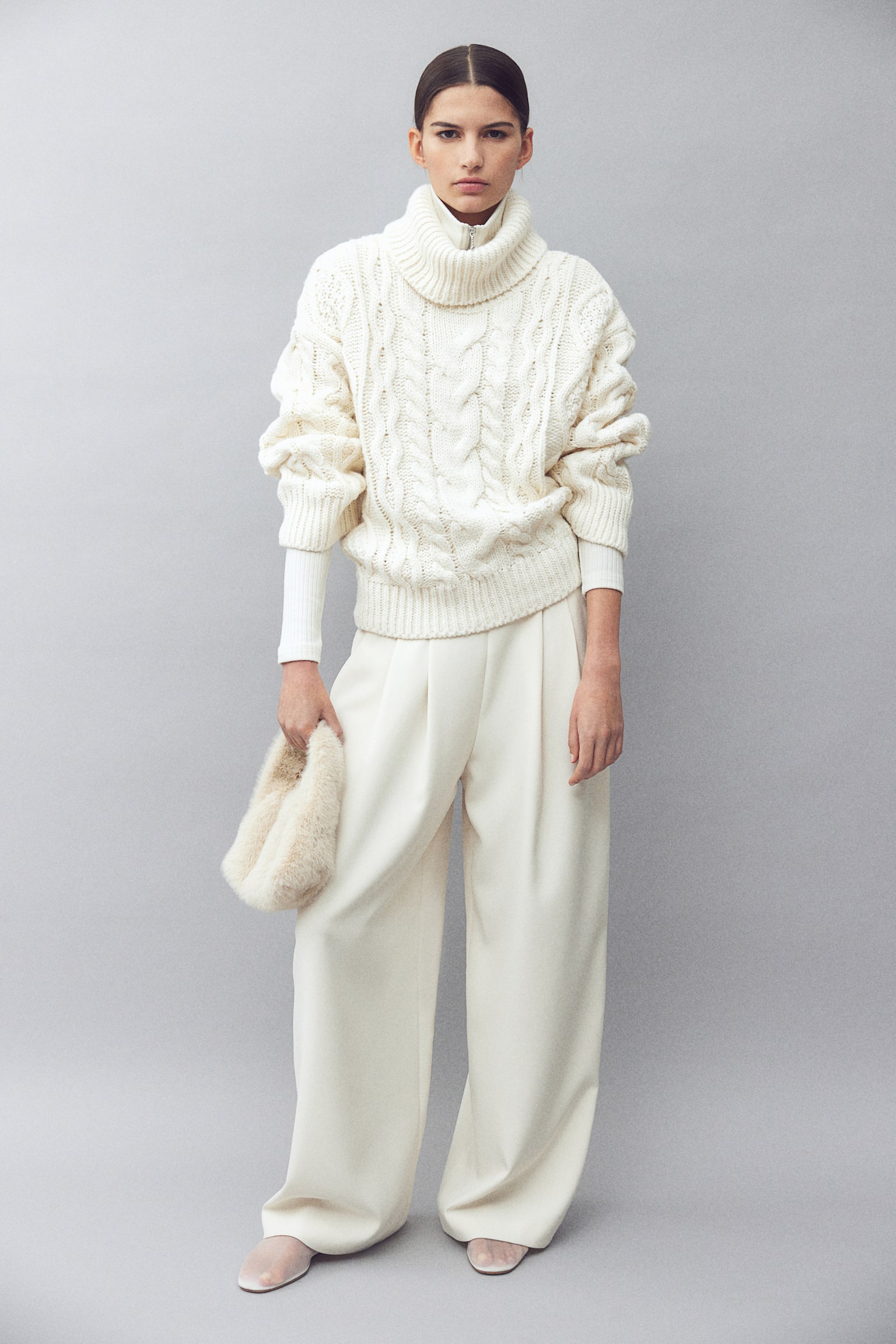 Cable-knit polo-neck jumper - White/Beige - 3