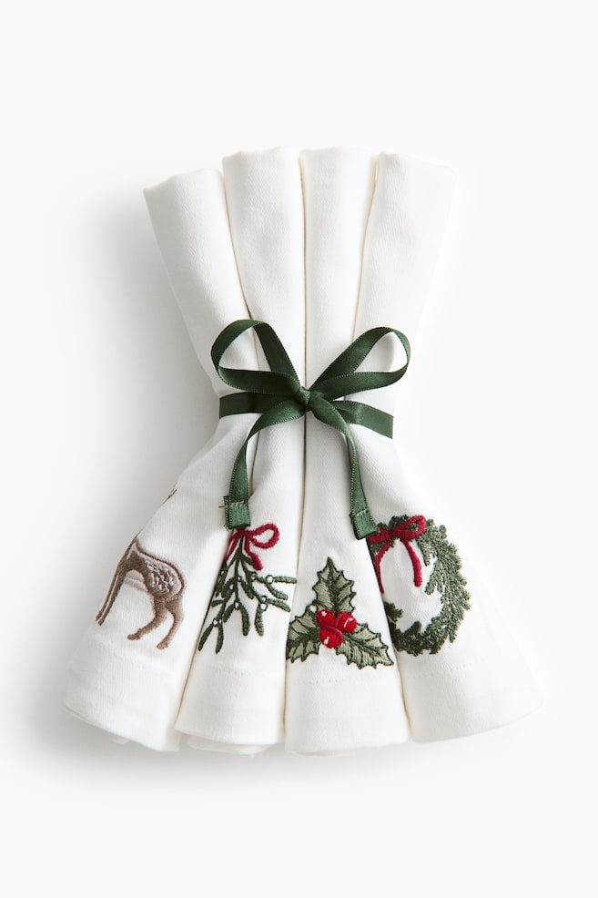 4-pack embroidered sateen napkins - White/Christmas - 1