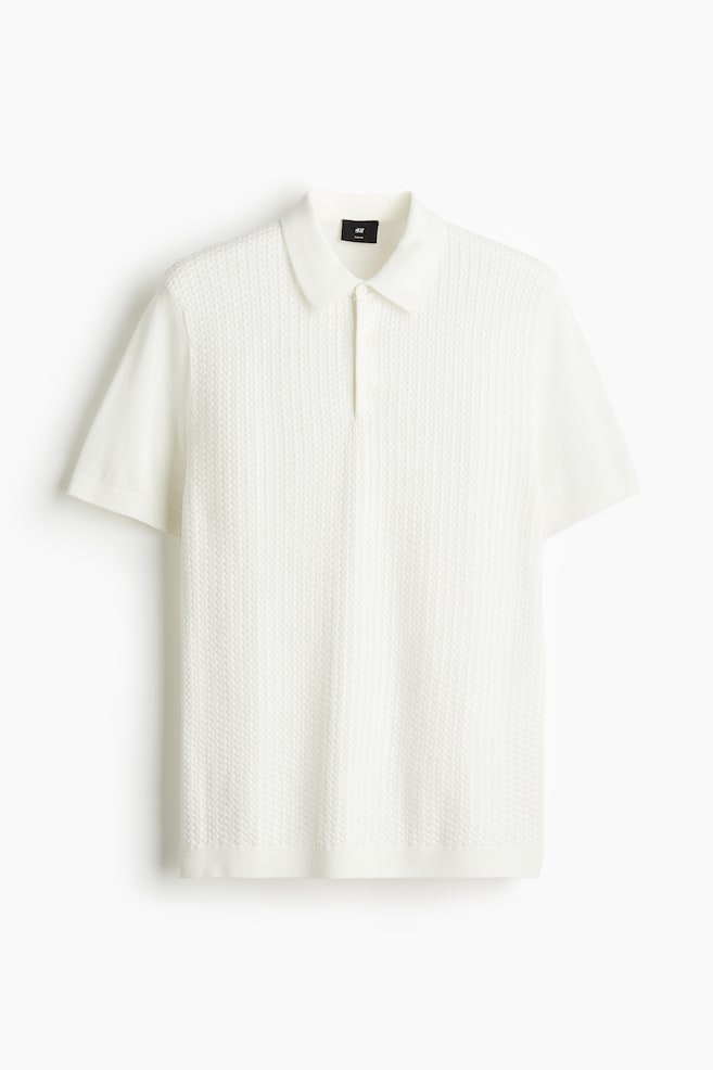 Bluză polo tricotată cu torsade Slim Fit - Alb/Bej-închis - 1