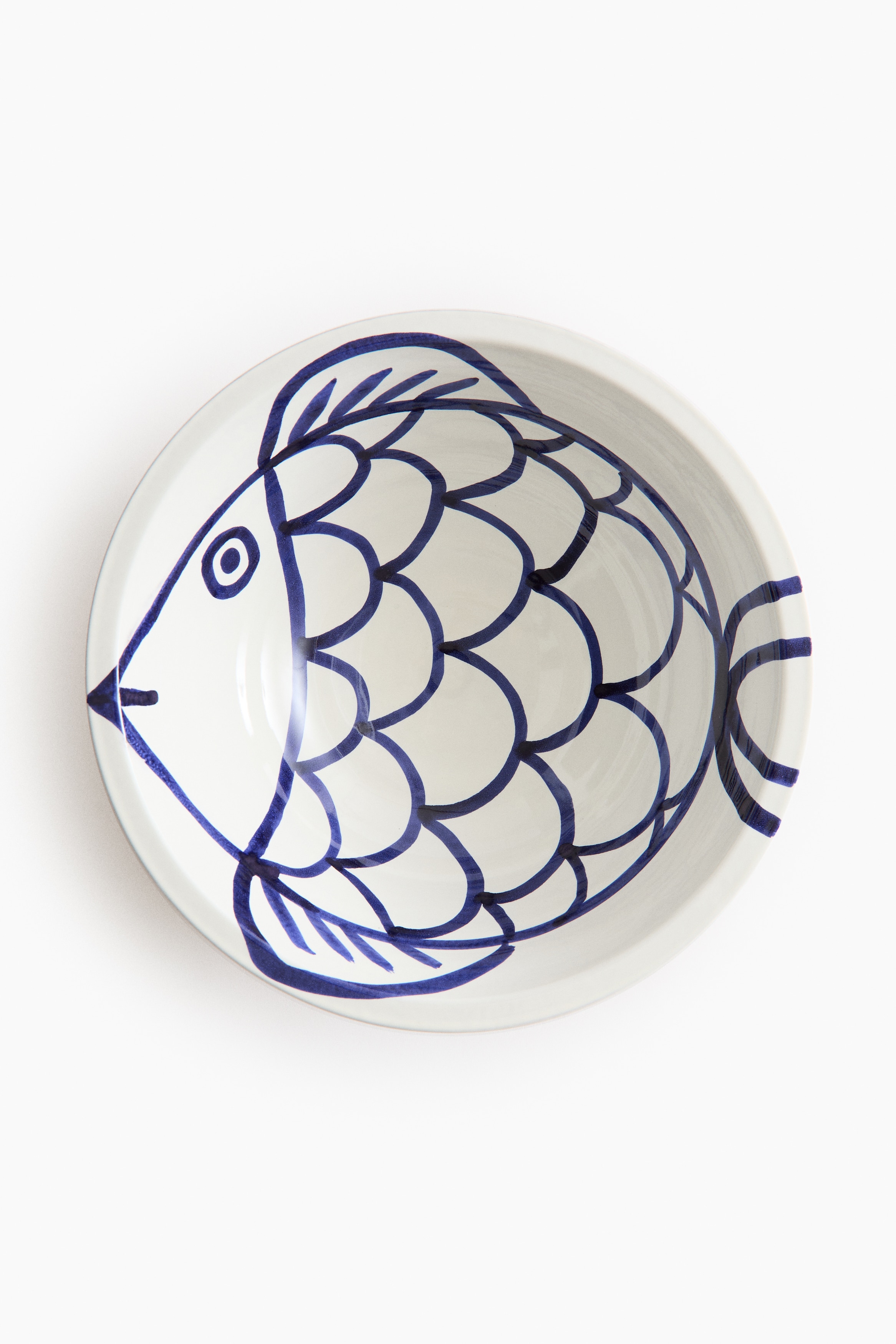 Tigela de mesa pintada à mão em terracota - Branco/Peixe