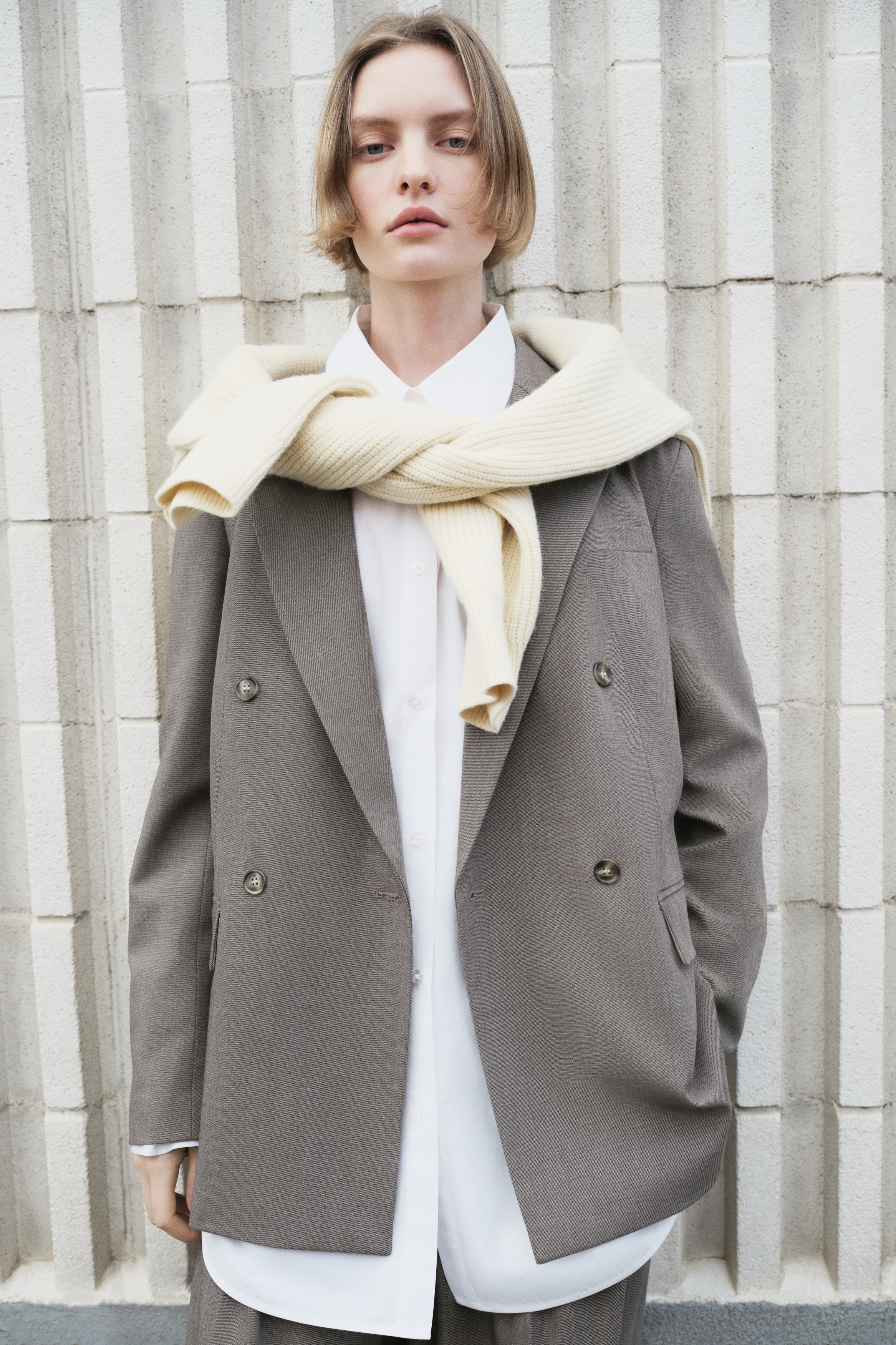 雙排扣西裝外套 - 深大地色/淺米色/淺粉紅色