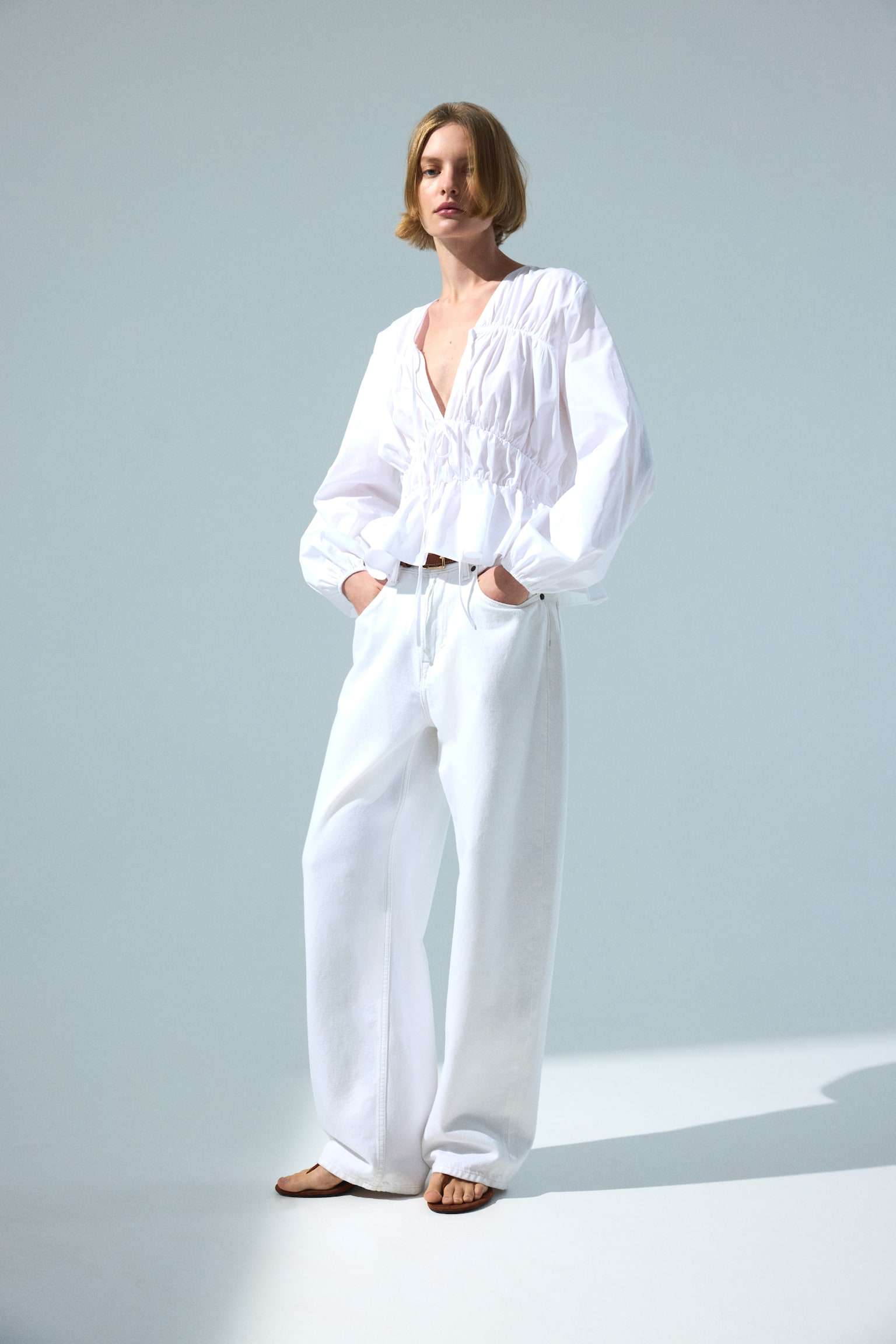 Drawstring poplin blouse - White - 6