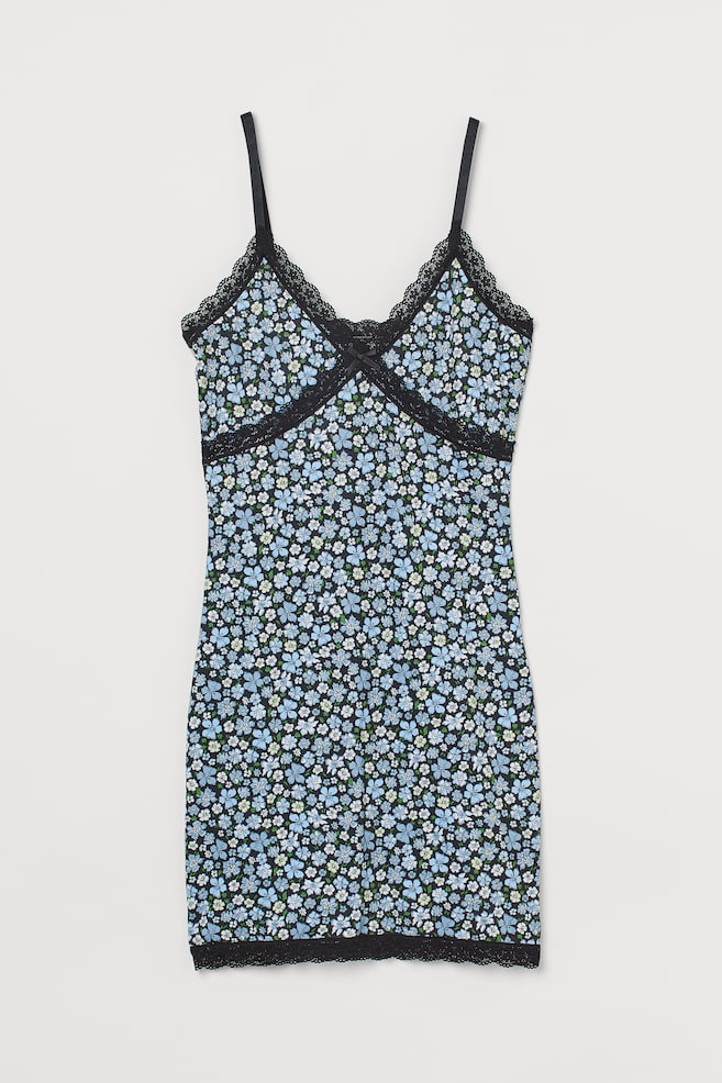 Vestido de canalé con encaje - Azul/Floral - 1