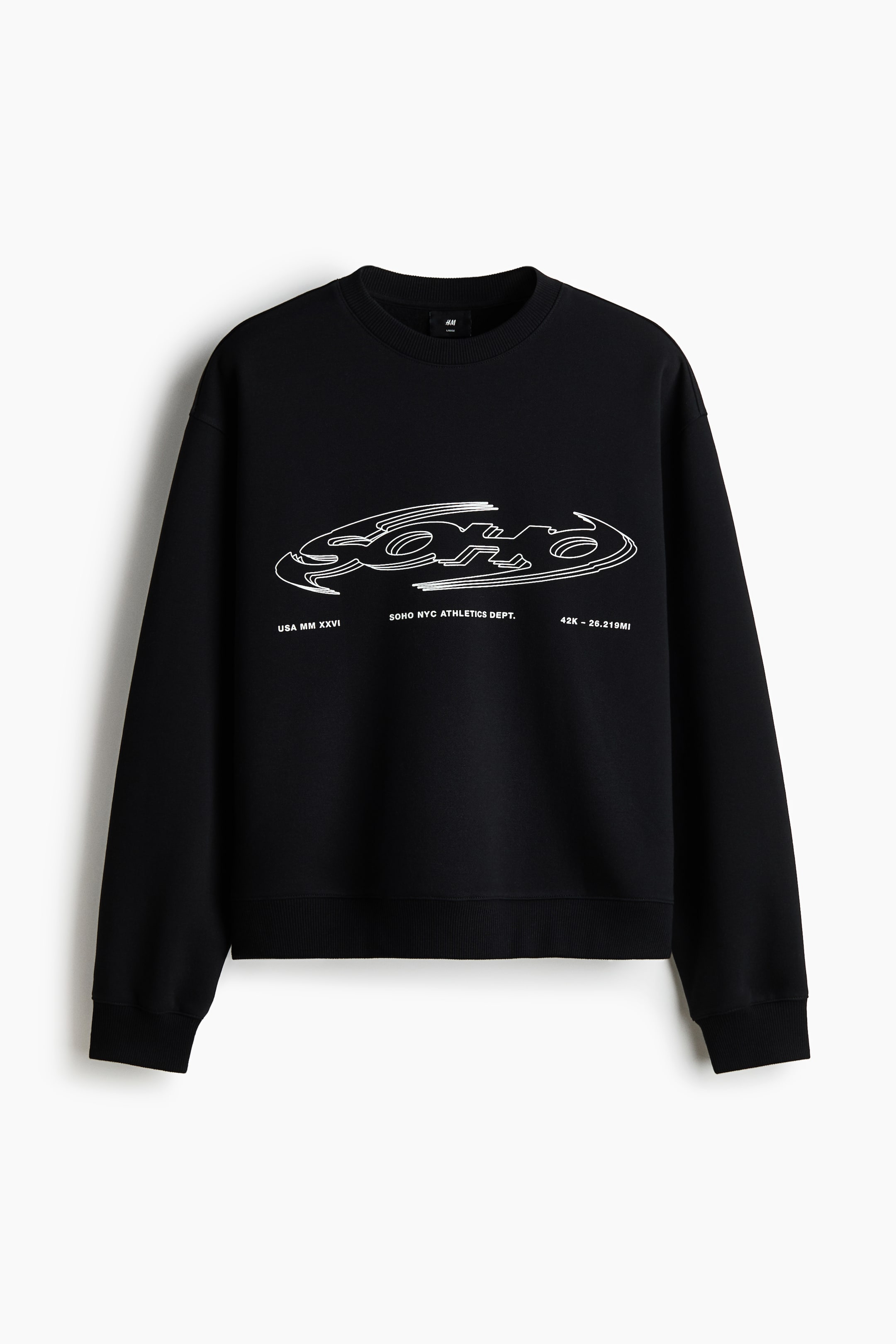 View larger image: A black sweatshirt is presenting a round, rib-trimmed neckline, dropped shoulders, long sleeves, and wide ribbed cuffs and hem. The FRONT of the sweatshirt is featuring a white graphic print with stylized "SOHO" text and athletic-themed inscriptions.
