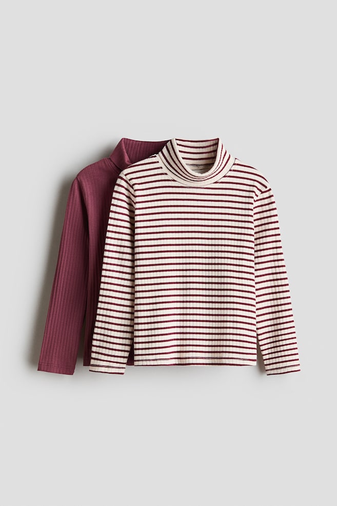 2-pack Ribbed Turtleneck Tops - Dark dusty pink/cream striped - 1