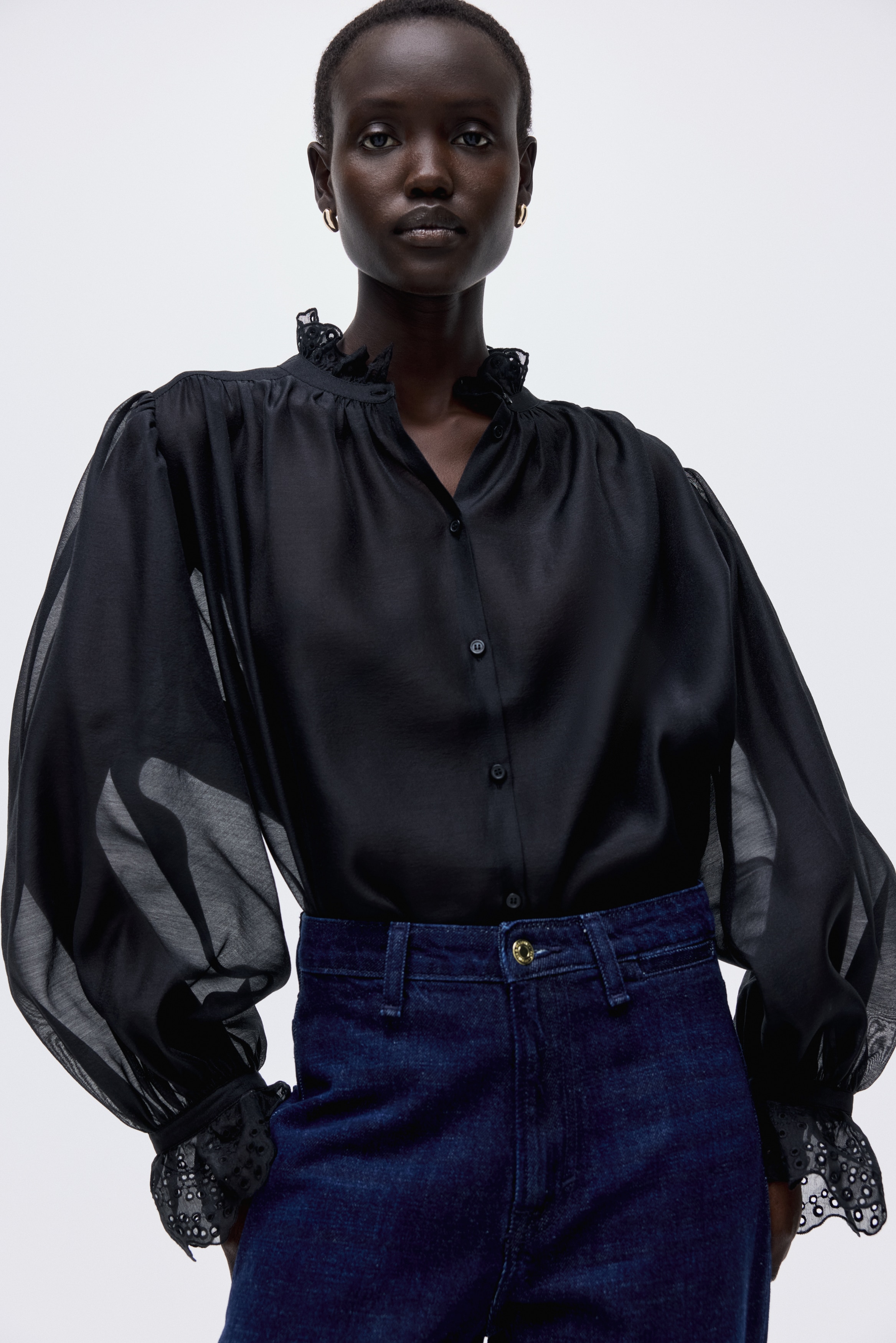 Blouse with Eyelet Embroidery - Black - Ladies | H&M US