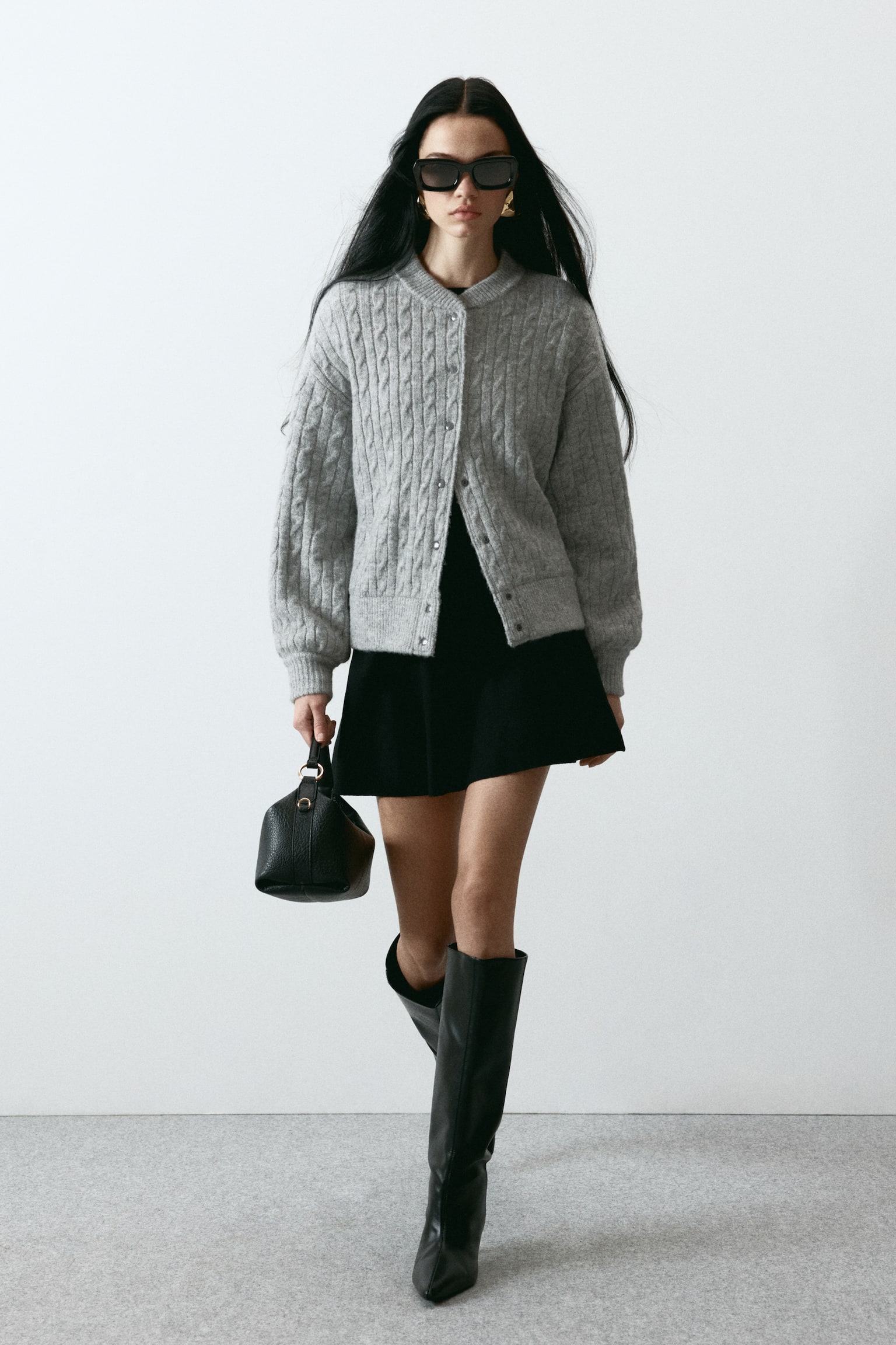 Cable-knit bomber jacket - Light grey marl/Navy blue - 6