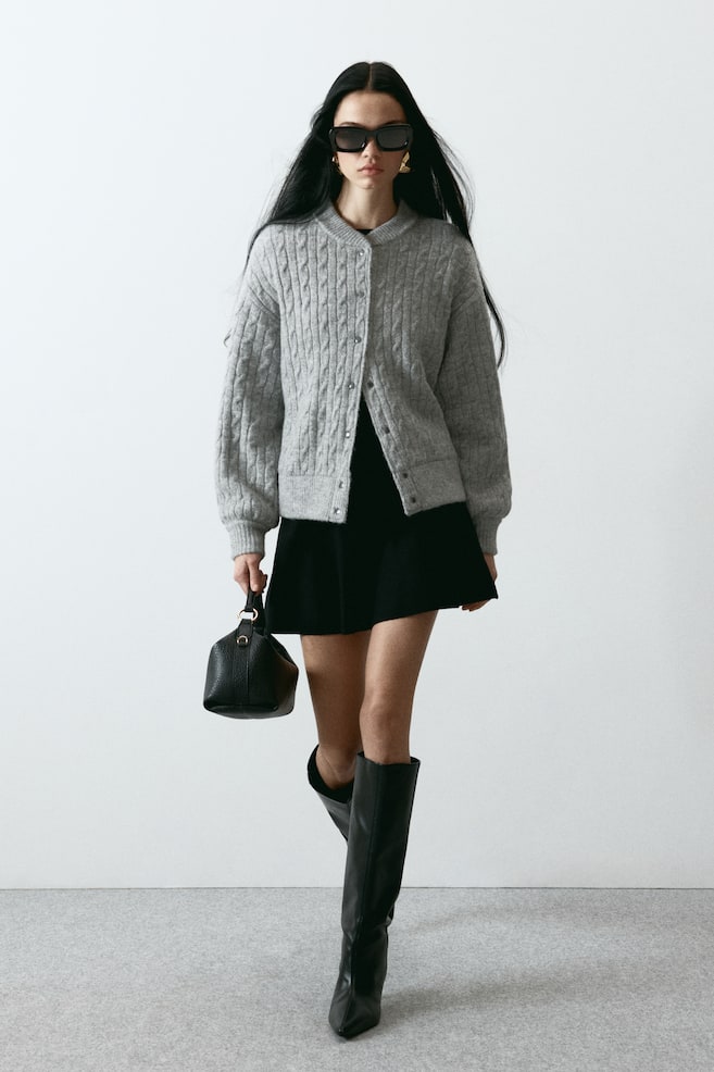 Cable-knit bomber jacket-Light grey marl - 6