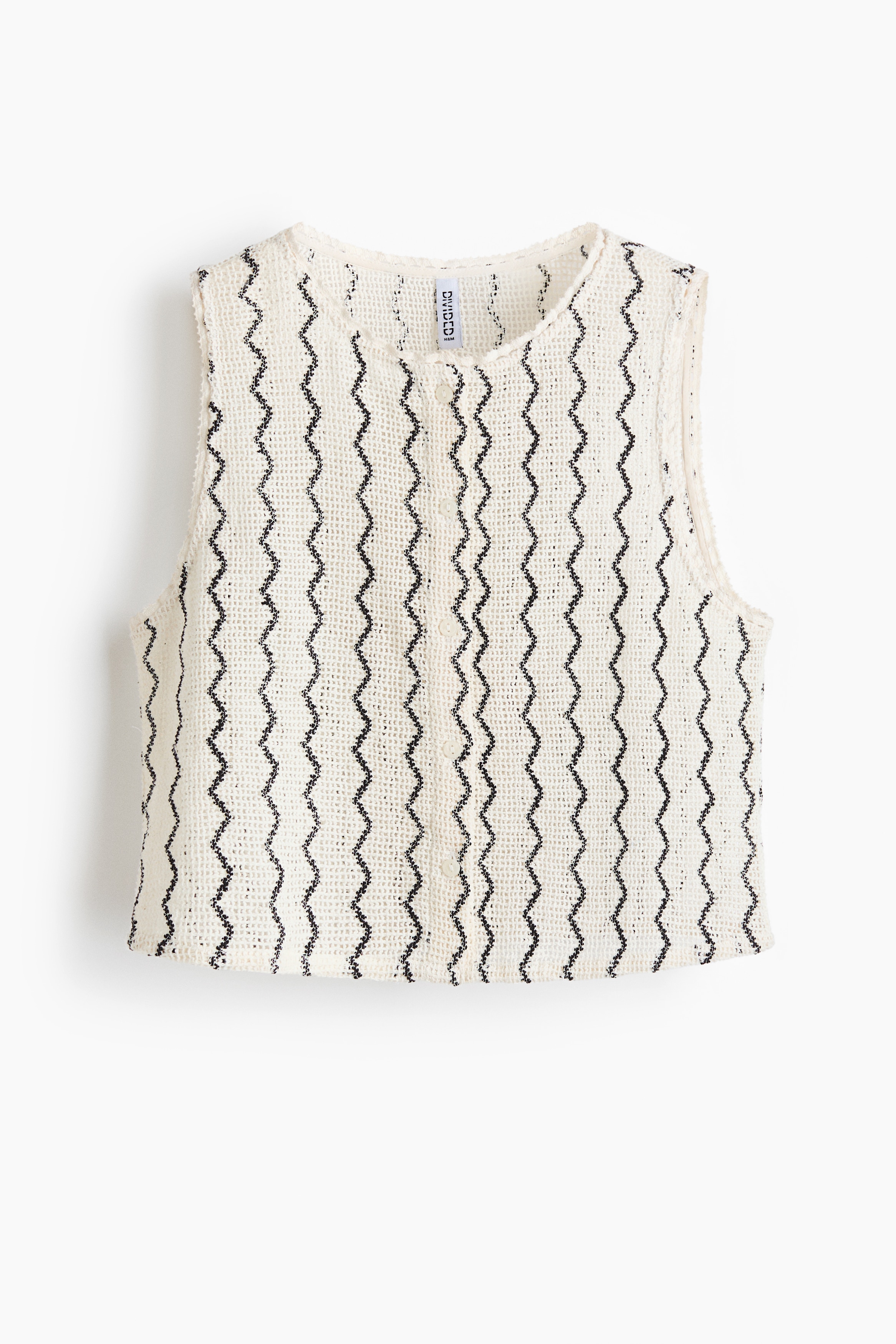 Crochet-Look Vest - Cream/zigzag pattern/Charcoal gray/white