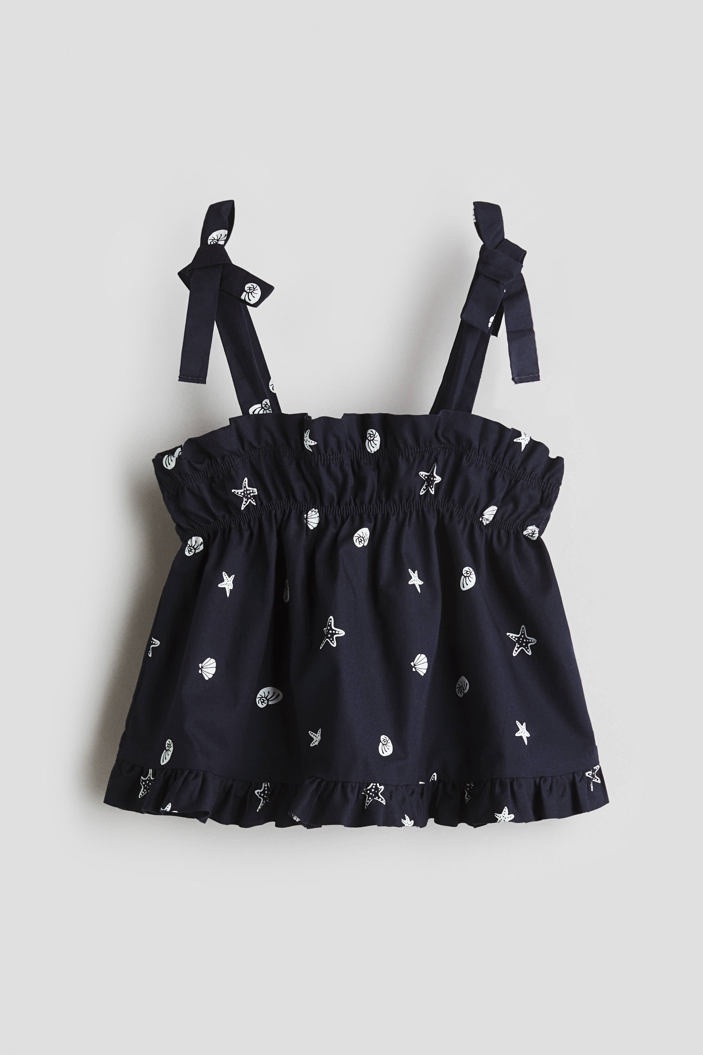 フリルトリム コットントップス - ネイビーブルー／シーシェル