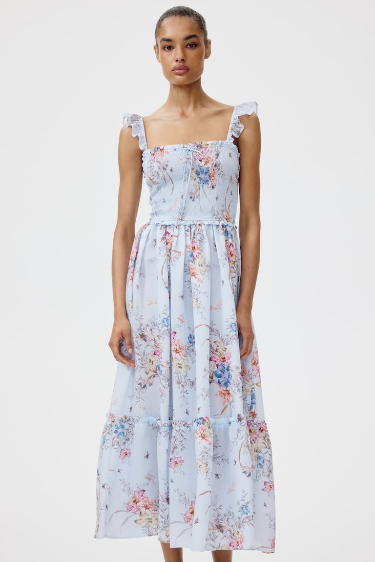 h&m blue ruffle dress Ladies - Green/Cream Patterned Ruffle-Collar Dress - Size: XXS