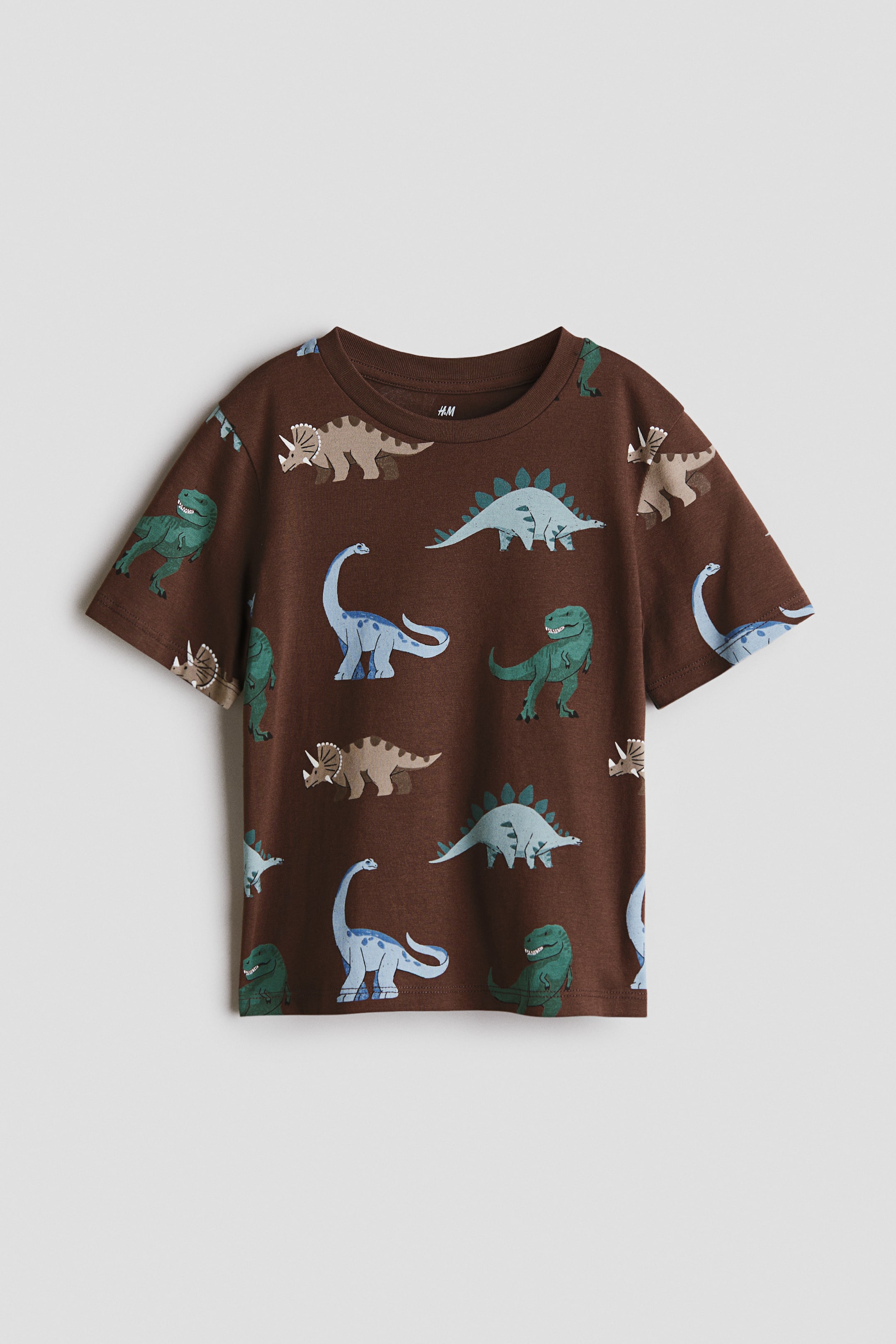 View larger image: A t-shirt na may madilim na kayumangging kulay at all-over na dinosaur print, kung saan iba't ibang cartoon na dinosaur sa mga kulay na asul, berde, at beige ang makikita sa tela. Ito ay may bilugang neckline at maikling manggas.
