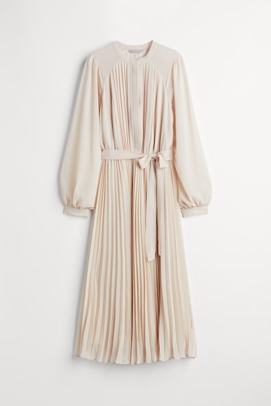 Pleated chiffon dress - Round neck - Long sleeve - Light beige - Ladies ...