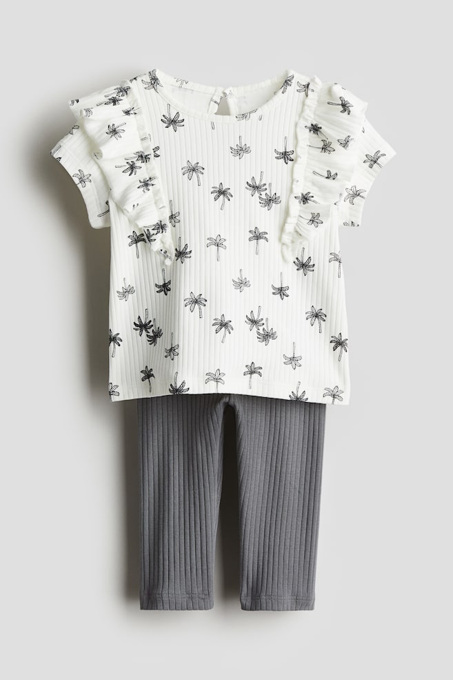 2-piece Jersey Top and Leggings Set - Gray/palm trees - 1