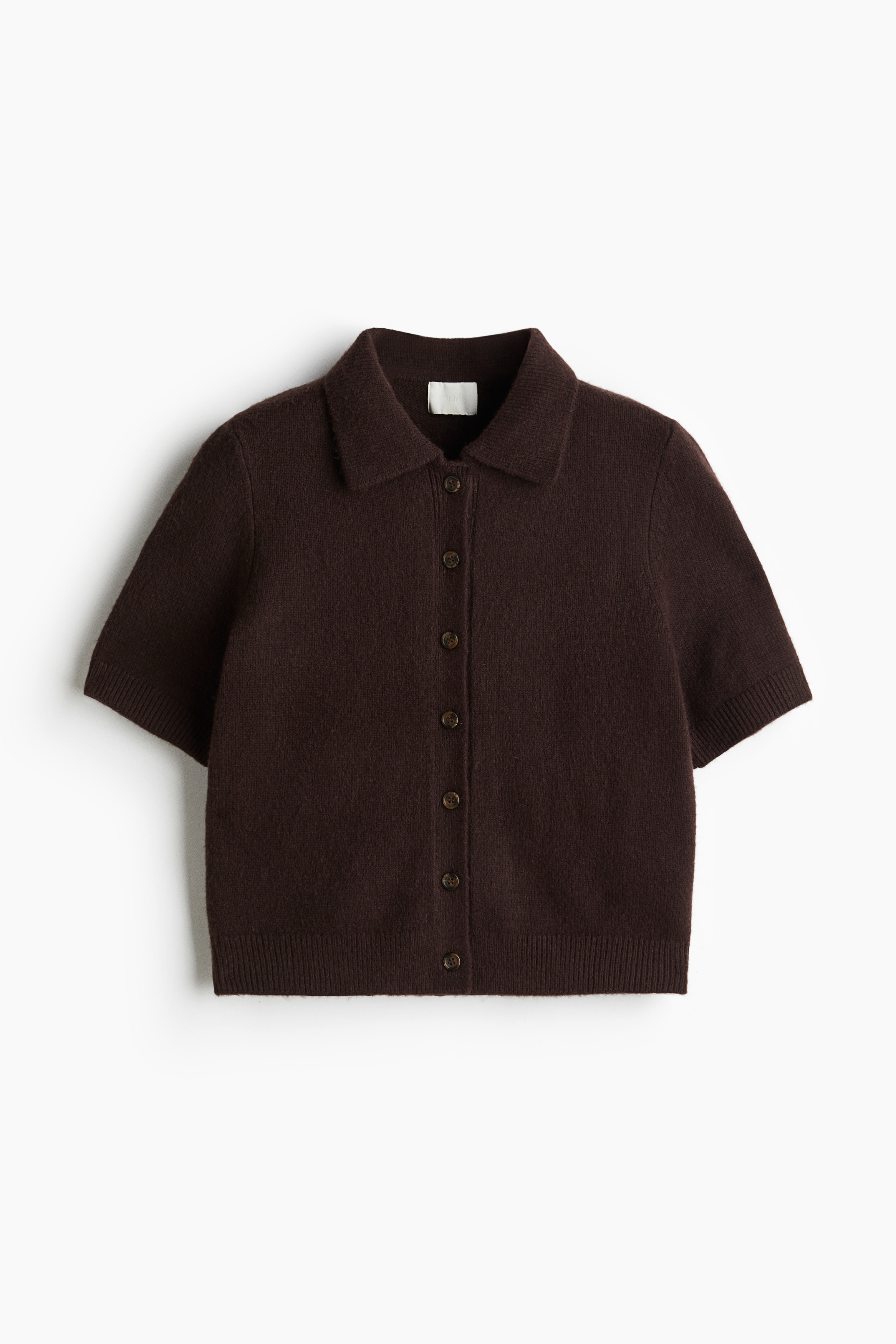 Short-Sleeved Cardigan with Collar - Dark brown/Red/White/Dark gray melange