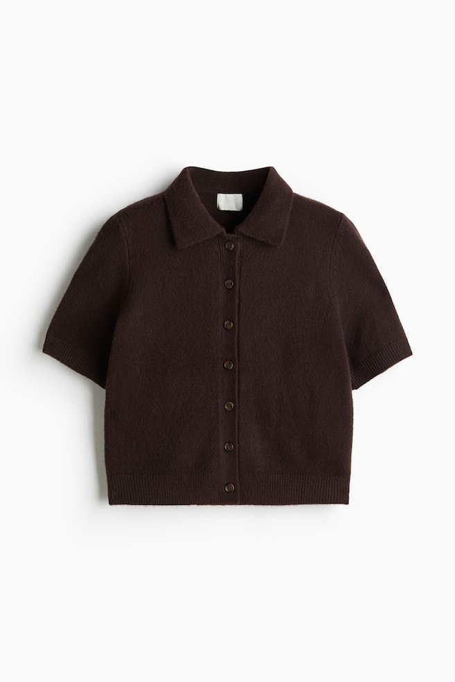 Short-sleeved collared cardigan - Dark brown/Red/Dark grey marl/White - 1