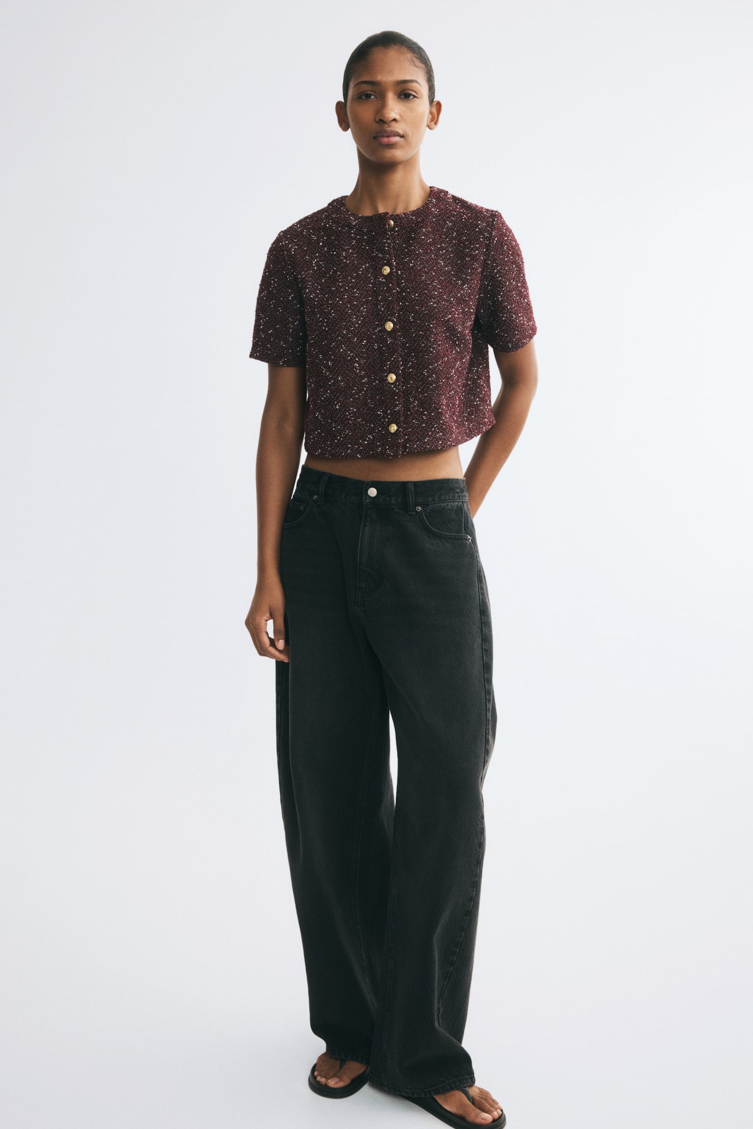 Женский кардиган H&M Short-Sleeved Bouclé-Knit, цвет: Бордовый — фото 3