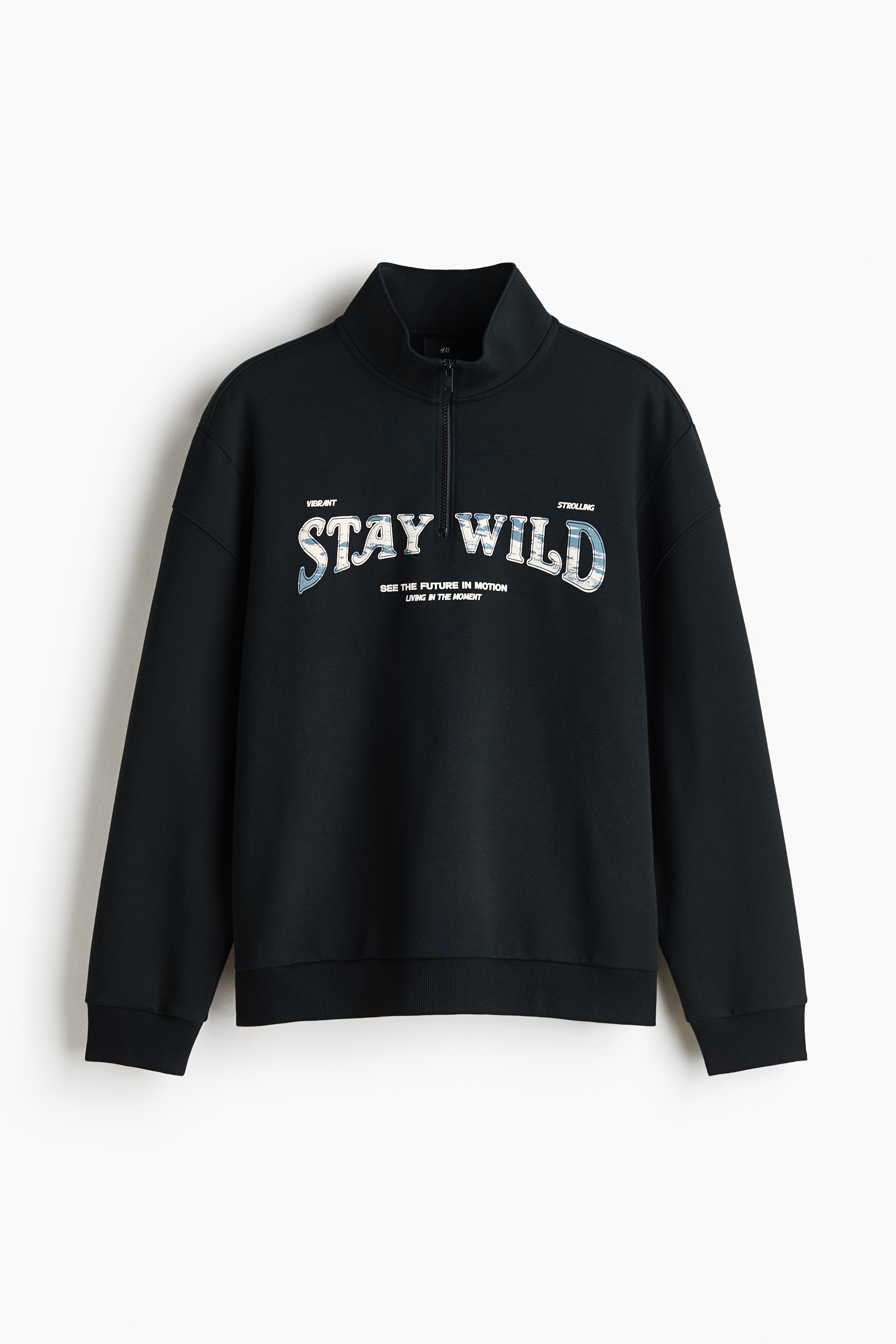 지퍼 디테일 프린트 스웨트셔츠 루즈핏 - 블랙/Stay Wild/화이트/Stay Wild