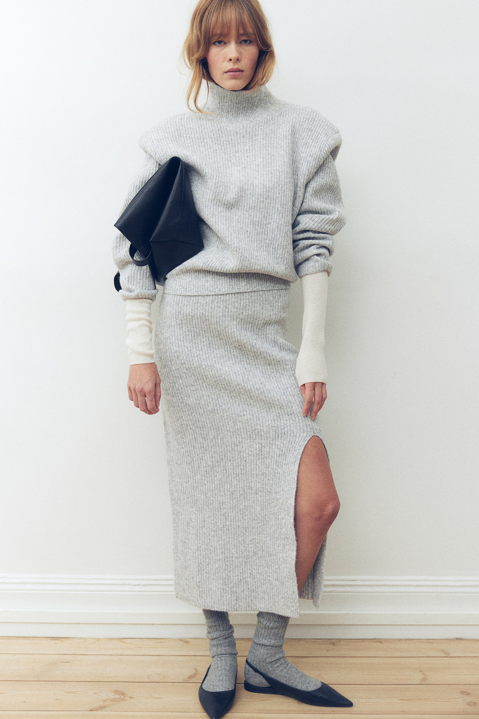 Rib-knit pencil skirt - Ljusgråmelerad - 6