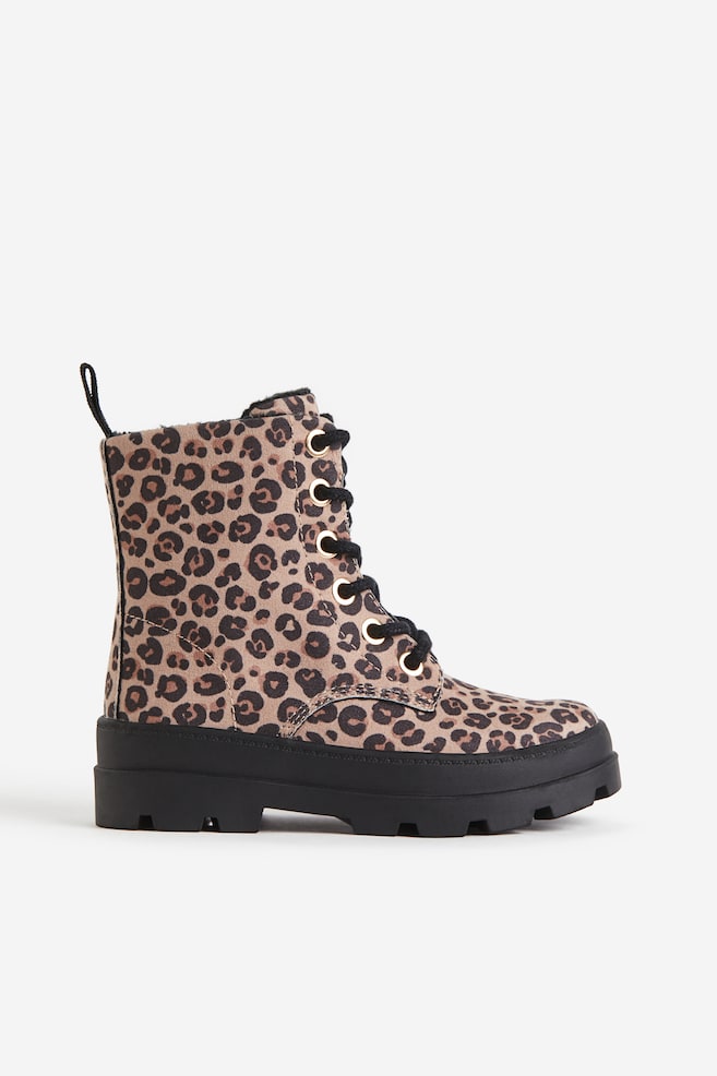 Warm-lined lace-up boots - Light beige/Leopard print/Black/Black/Pink - 4