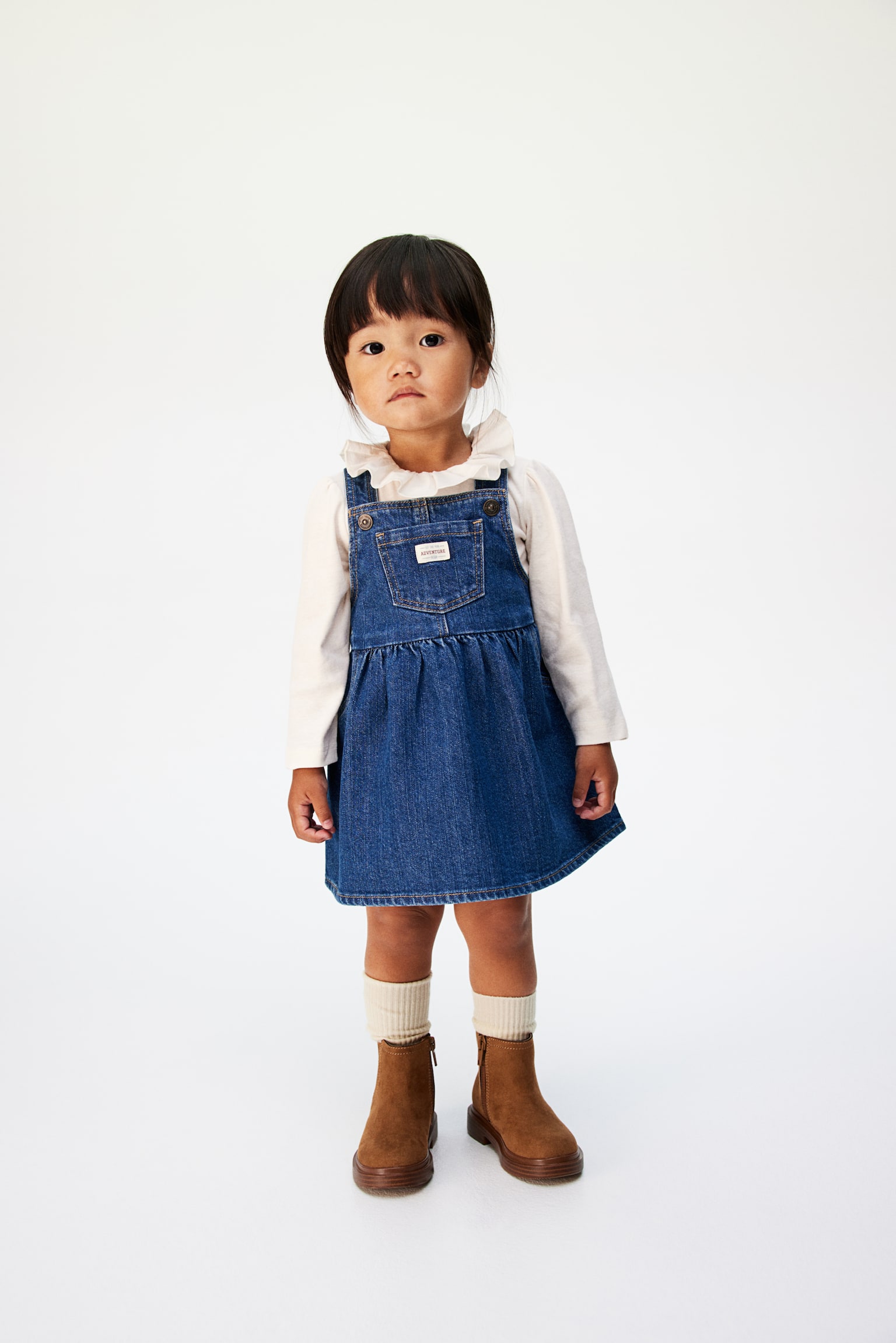 Cotton dungaree dress - Denim blue/Beige - 5