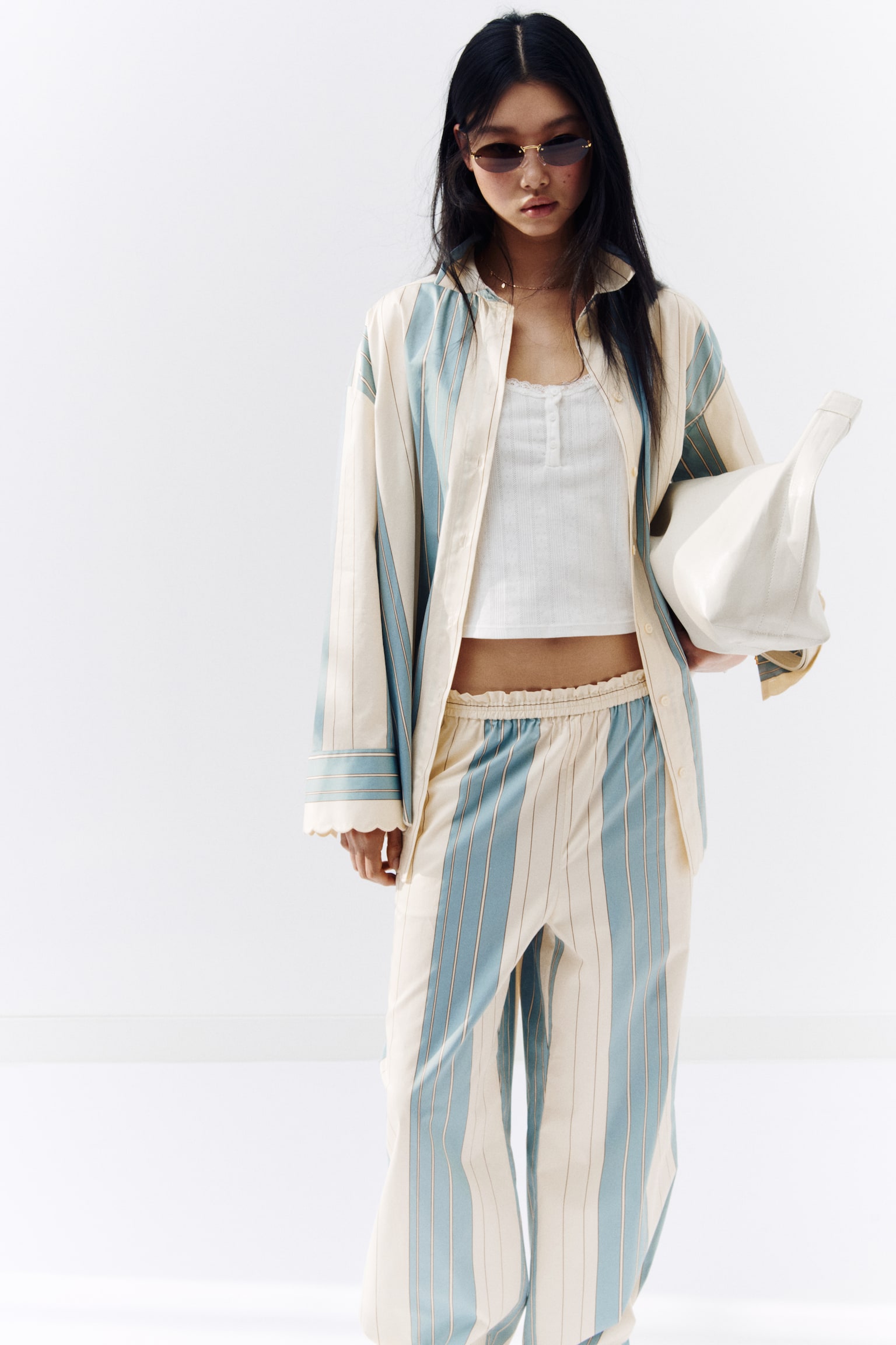 Pantalon ample en popeline - Bleu clair/rayé - 2