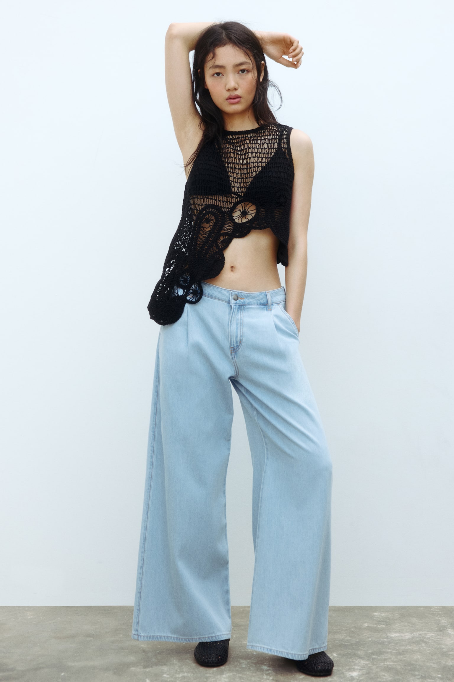 Pantaloni largi din twill - Albastru-denim pal/Roz-deschis/Crem - 7